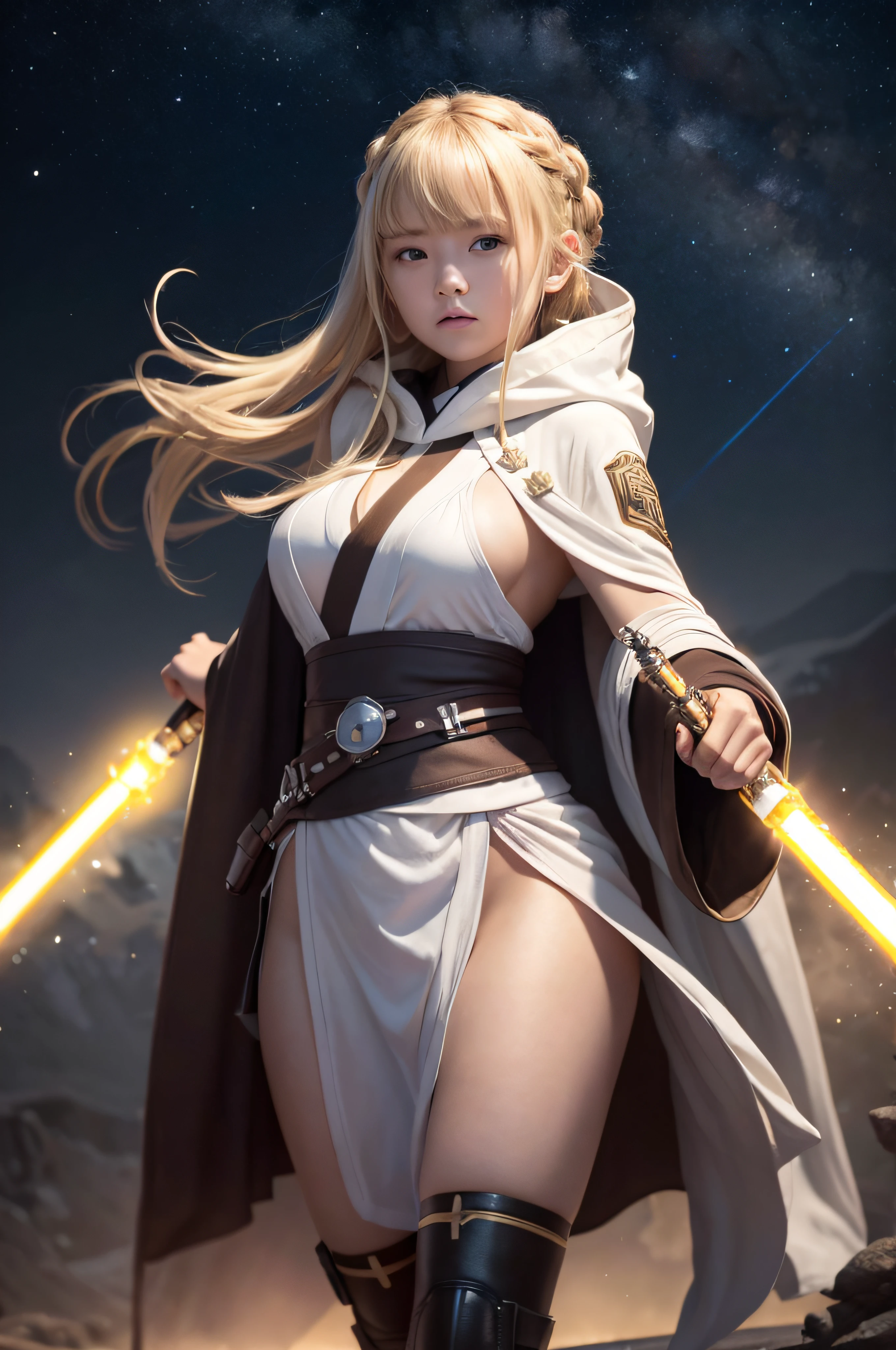 RAW image quality, 8K分辨率, StarWars, jedi knight, sixteen years old、a blond、Shoot hair、Big moisturized eyes、brown hooded cloak, Kuigongjin, White lightsaber in hand, Colossal tits、Side Boo Boo、Beautiful starry sky background, Dark style, Technical symmetry, fullllbody, Dynamic Pose, movie, Best Qua 4 Ities, Dynamic perspective, dynamic angle, Golden ratio, wide angle photograph, Wide field of view, Deep Depth Of Field, zoomout, Jiezuo, detaileds, Best Qua 4 Ities, hight resolution, 。.。.。.。.。.。.3D, Film grain, raised fist, nffsw, Anatomically correct, High quality, awardwinning