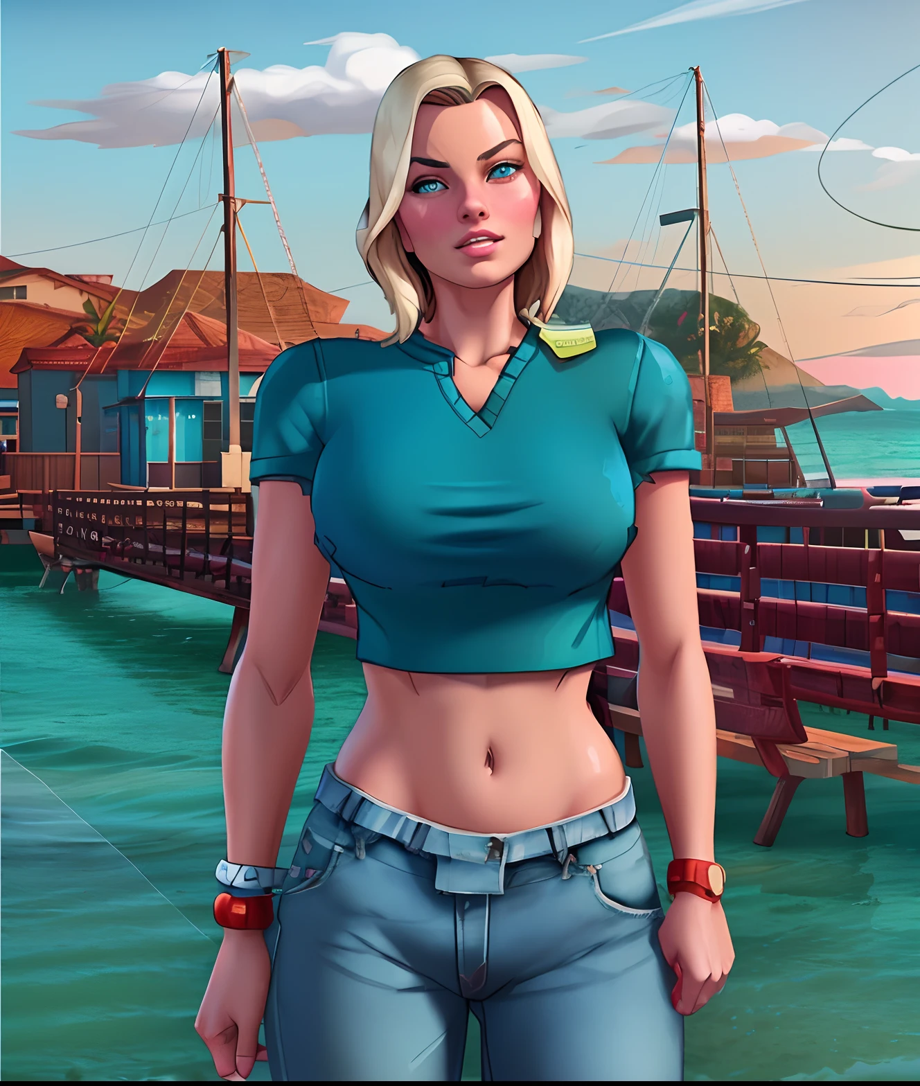 arafed woman standing on a pier with a blue shirt and jeans, tinyest midriff ever, upper body avatar, margot robbie in gta v, second life avatar, mid 2 0's female, gta character, in gta san andreas, in gta vice city, close up half body shot, gta vice city style, teal skin, exposed midriff