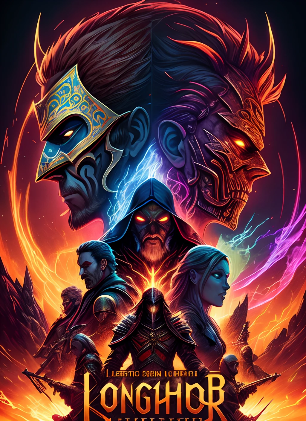 A sextuple-split-masked long exposure poster featuring a wizard, a barbarian, a paladin, an assassin, a massive demon lord, cracked metempsychosis, OLED HDR 64k UHD, vivid colorwheel, translucent glow, cinematic character details, intricate details, cinematic sharp focus