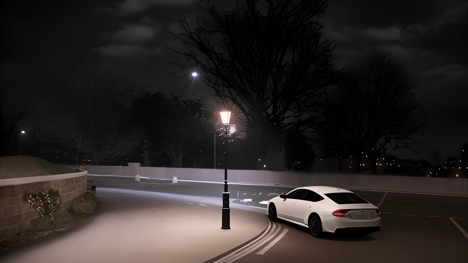 Alafi's car was parked on the street at night，There are street lights, street lighting, streetlight at night, Street lights, atmospheric cold lighting, the street lights, streetlight, the street lights, Under street lights, ultra realistic lighting, atmospheric lighting - n 9, midnight mist streetlights, lamp post, the street lights, Dynamic and atmospheric lighting, cinematic outdoor lighting