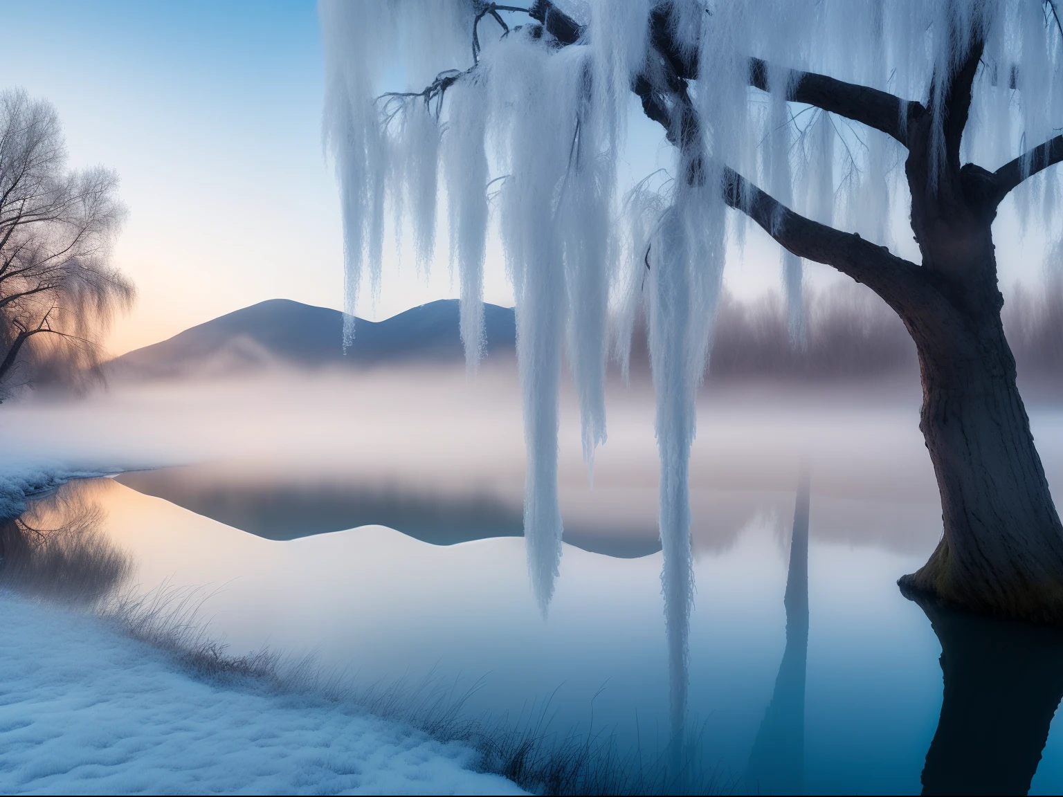 (Best quality,4K,8K,A high resolution,Masterpiece:1.2),Ultra-detailed,(Realistic,Photorealistic,photo-realistic:1.37), (Weeping willows on the shore of the lake in winter), Long willow branches hang down in the lake,(The white red-crowned crane frolicks in the lake with its long neck),red headgear。willowy,The transparent wicker is covered with snowflakes,Cold mist,Turquoise Lake, inverted image,winter vibes,surreal frozen landscape,cold sunset,Flashing multicolored mist,Soft winter light,Dramatic and unpredictable cold landscapes,cold shades,Mysterious blue mist,Dramatic cold light,Blazing mist,cold environment,Blue haze,Chilly atmosphere,A soft hazy light,ethereal landscape,Winter fog enveloped her,Winter scenery