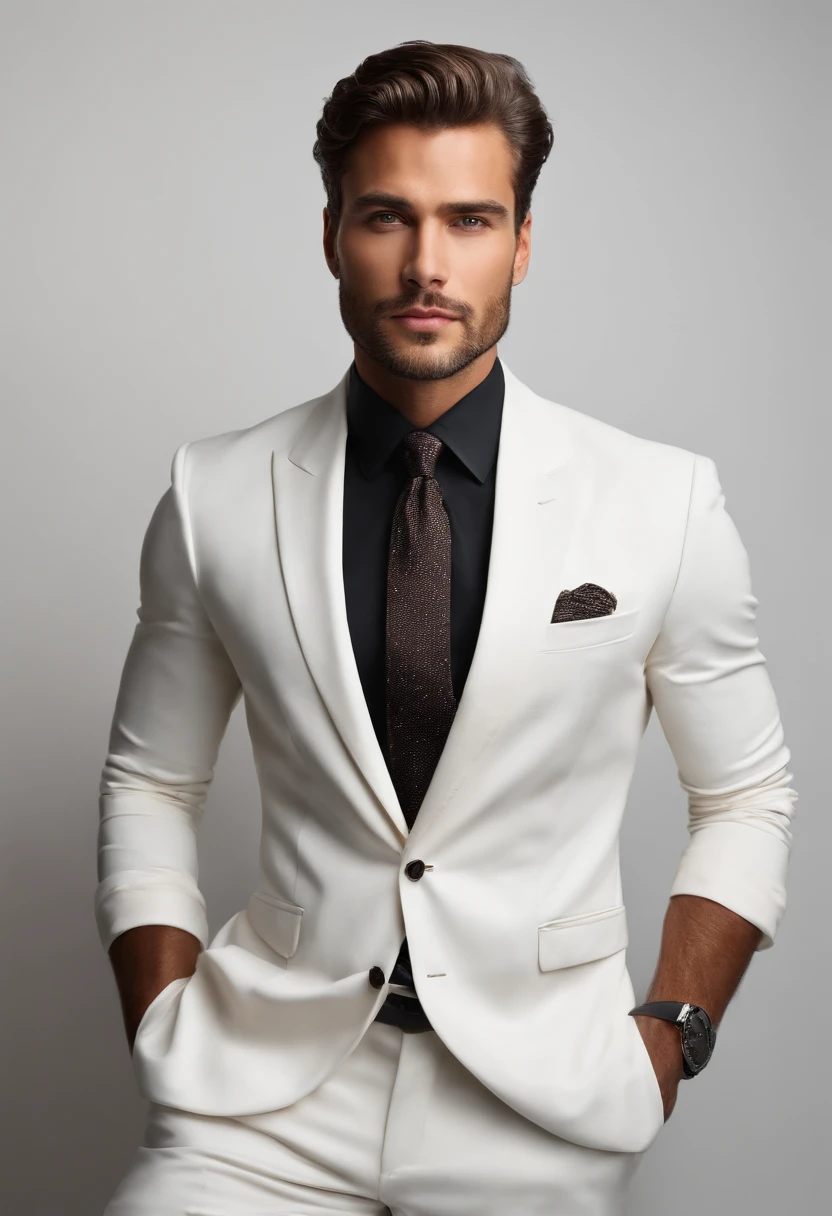 high quality photo of a handsome and elegant man, staring at the camera, dressed in a suit, white background