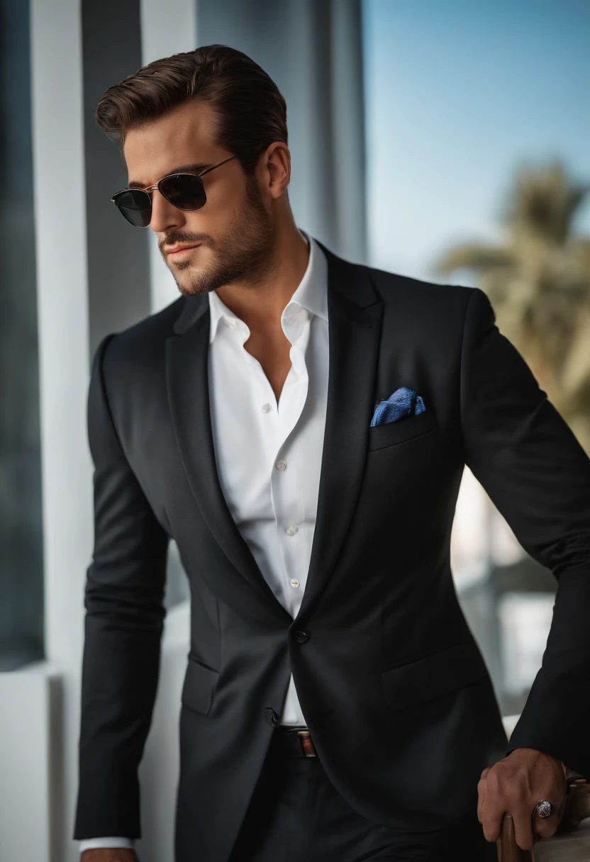 high quality photo of a handsome and elegant man, staring at the camera, dressed in a suit, white background