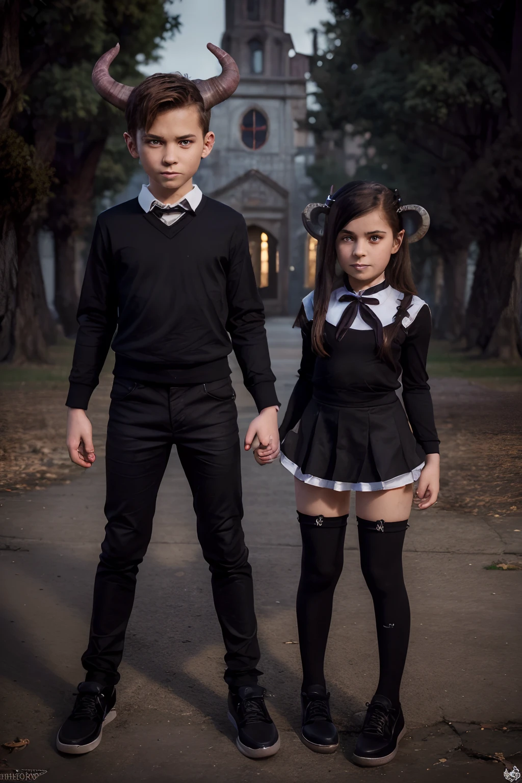 (best quality,4k,highres:1.2),ultra-detailed,(cartoony:1.37) portraits, hybrid demon-human cartoon characters, boy and girl, siblings, subtle horns, demonic siblings, teenager, simple gothic school uniform.