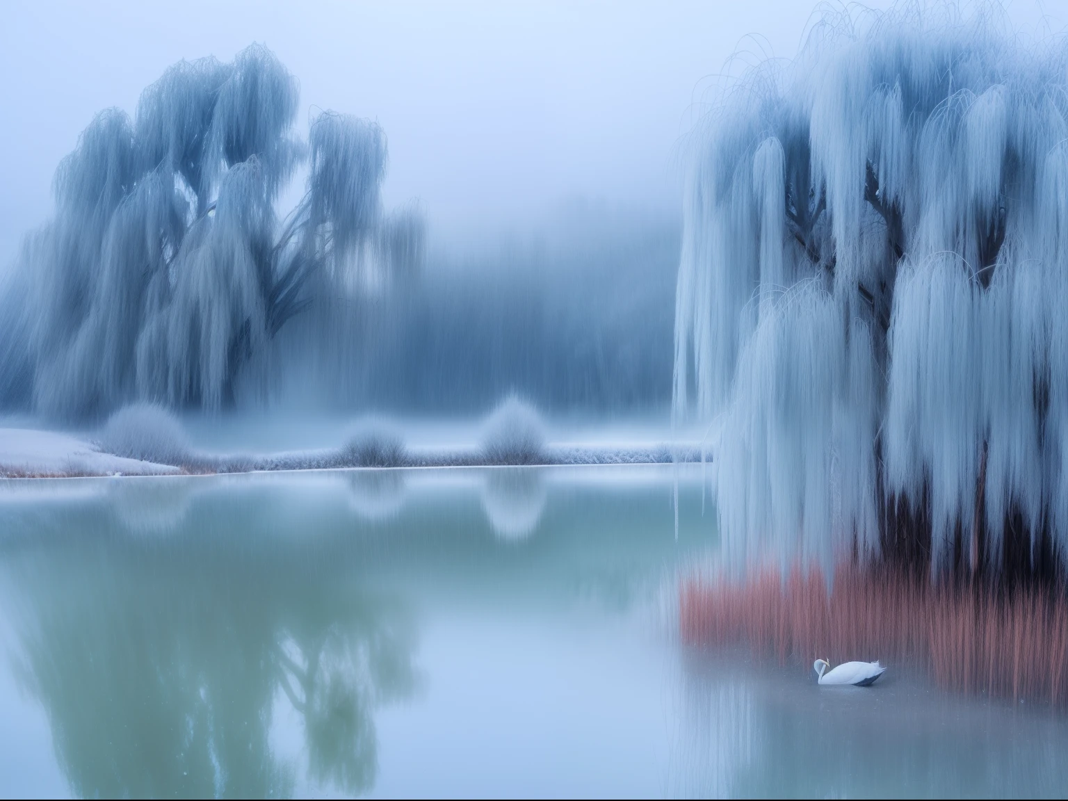 (Best quality,4K,8K,A high resolution,Masterpiece:1.2),Ultra-detailed,(Realistic,Photorealistic,photo-realistic:1.37), Weeping willows on the shore of the lake in winter, Long willow branches hang down in the lake,White red-crowned cranes frolic in the lake with long necks,Red tiara。willowy,The transparent wicker is covered with snowflakes,Cold mist,Turquoise Lake,swans, inverted image,winter vibes,surreal frozen landscape,cold sunset,Flashing multicolored mist,Soft winter light,Dramatic and unpredictable cold landscapes,cold shades,Mysterious blue mist,Dramatic cold light,Blazing mist,cold environment,Blue haze,Chilly atmosphere,A soft hazy light,ethereal landscape,Winter fog enveloped her,Winter scenery