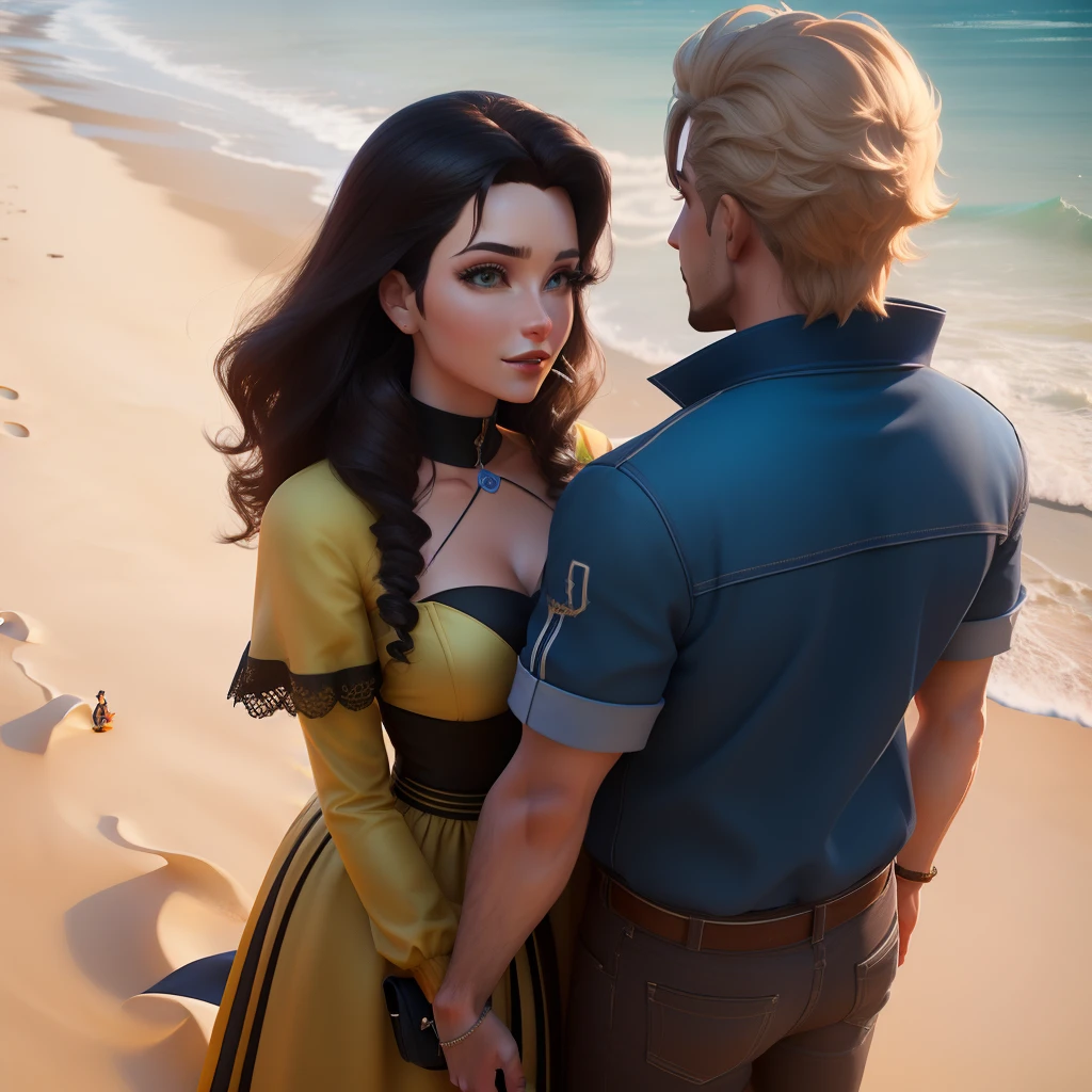 Casal de brasileiros na praia, homem alto e moreno, mulher branca de cabelos pretos e franja, arte 3d estilo Disney Pixar.