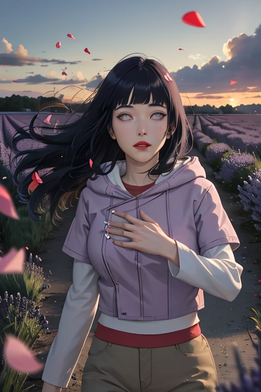 masterpiece, absurdres, hinata\(boruto\), 1girl, solo,mature female, purple hoodie,layered sleeves, brown pants, outdoors,lavender flower field, wind, floating hair, looking at viewer, (falling petals), cloudy sky, perfect composition, detailed lips, medium breast, beautiful face, body propotion, blush, ((red lips)), long hair,highly detailed, colorful details,( iridescent colors:1.2), (glowing lighting, atmospheric lighting),