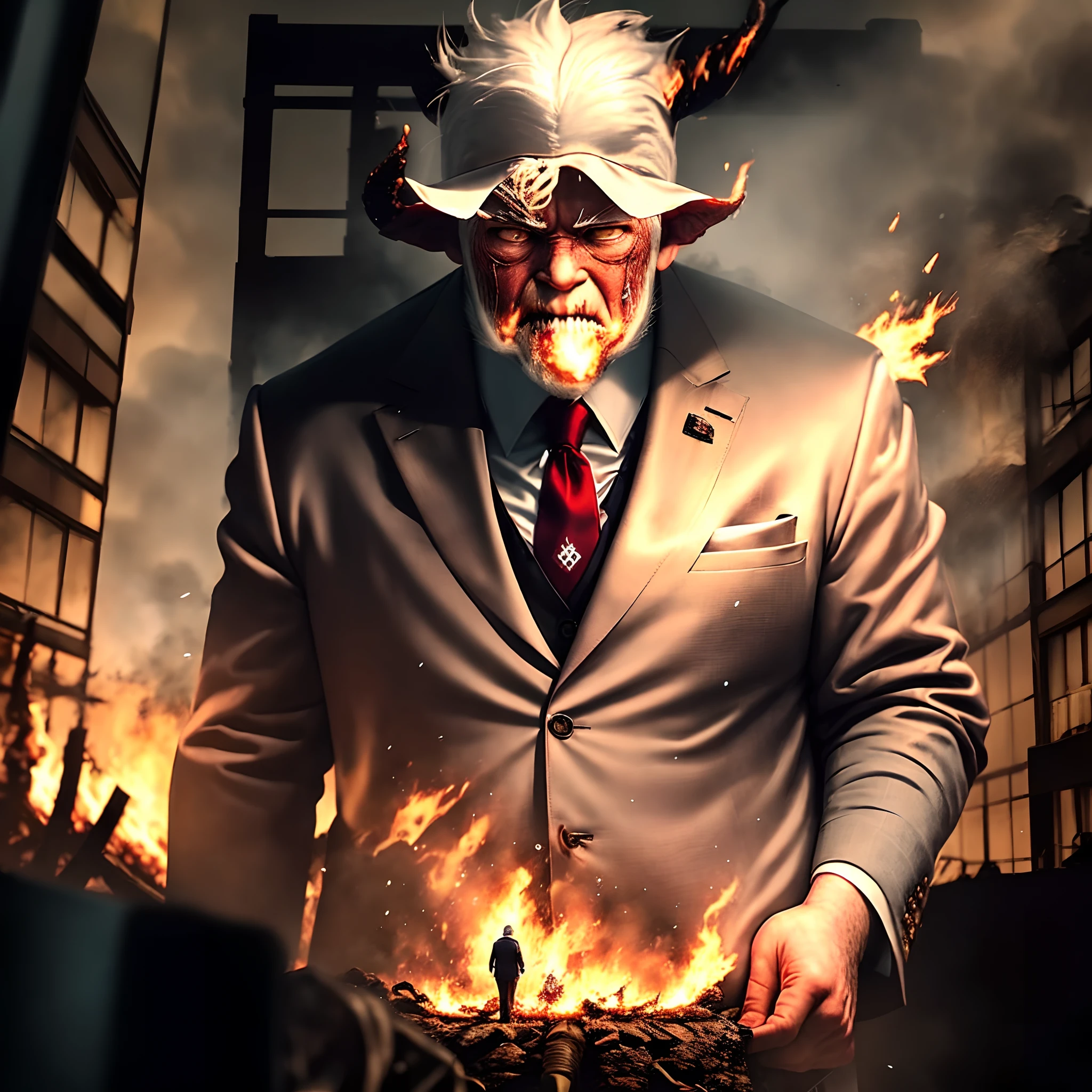 AN OLD MAN, SHORT, WHITE HAIR, WHITE BEARD, A LITTLE OVER WEIGHT, WEARING A SUIT AND RED TIE, BEING RECEIVED INTO A PLACE WITH A LOT OF FIRE, DESTRUCTION AND PEOPLE INJURED BY A SCARY CREATURE WITH HORNS