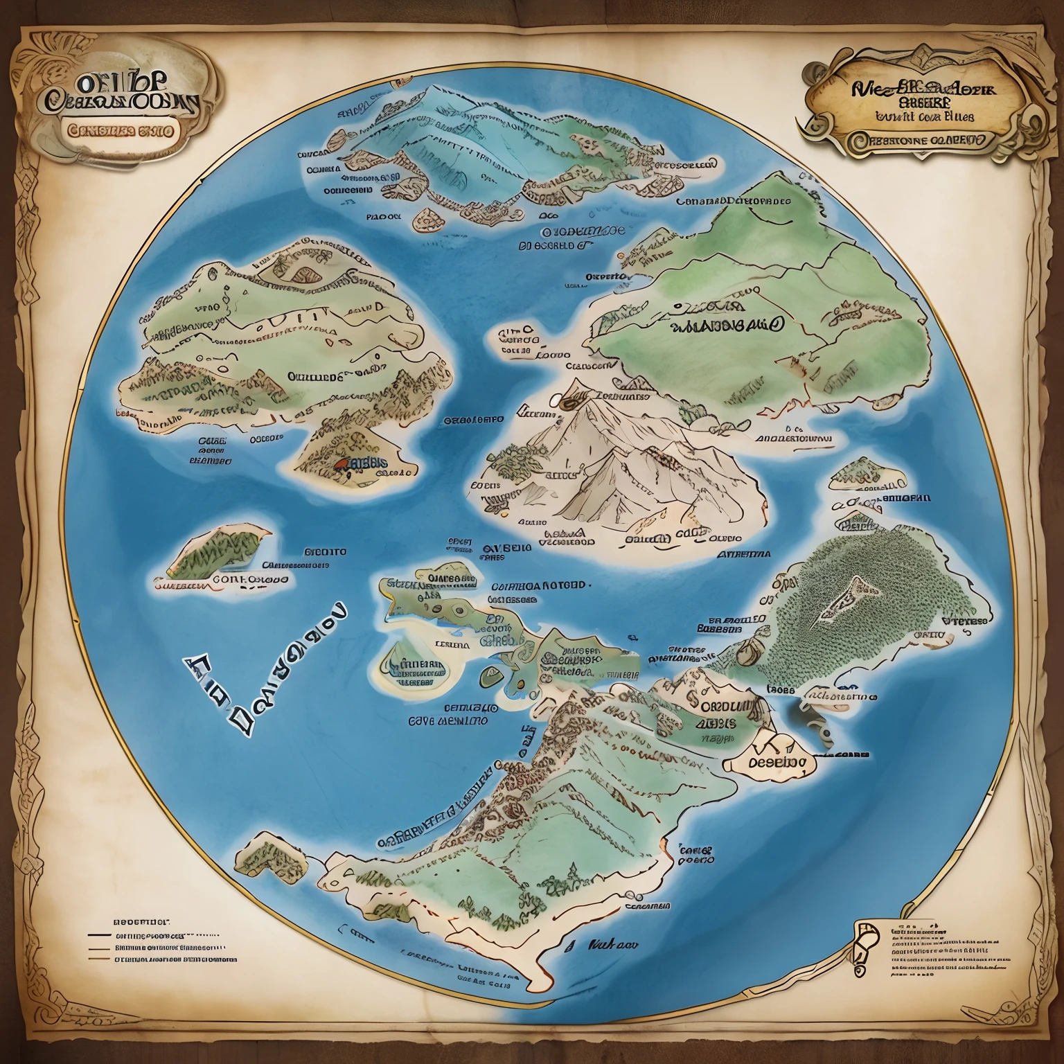 Sheet map, world, Middle-earth Tokkien World Style, several small continents, fantasy world