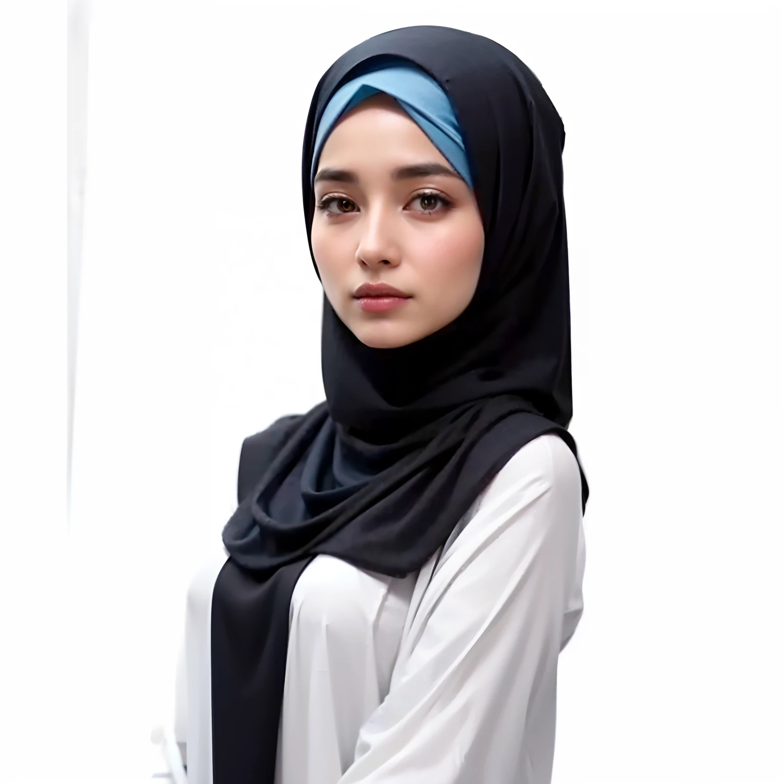 arafed woman wearing a black and white hijab and a blue head scarf, hijab, official product photo, with black, official product image, shawl, product photo, scarf, white hijab, inspired by Nazmi Ziya Güran, siya oum, head scarf, inspired by Fathi Hassan, malaysian, beautifully, emir, blue-black, black scarf
