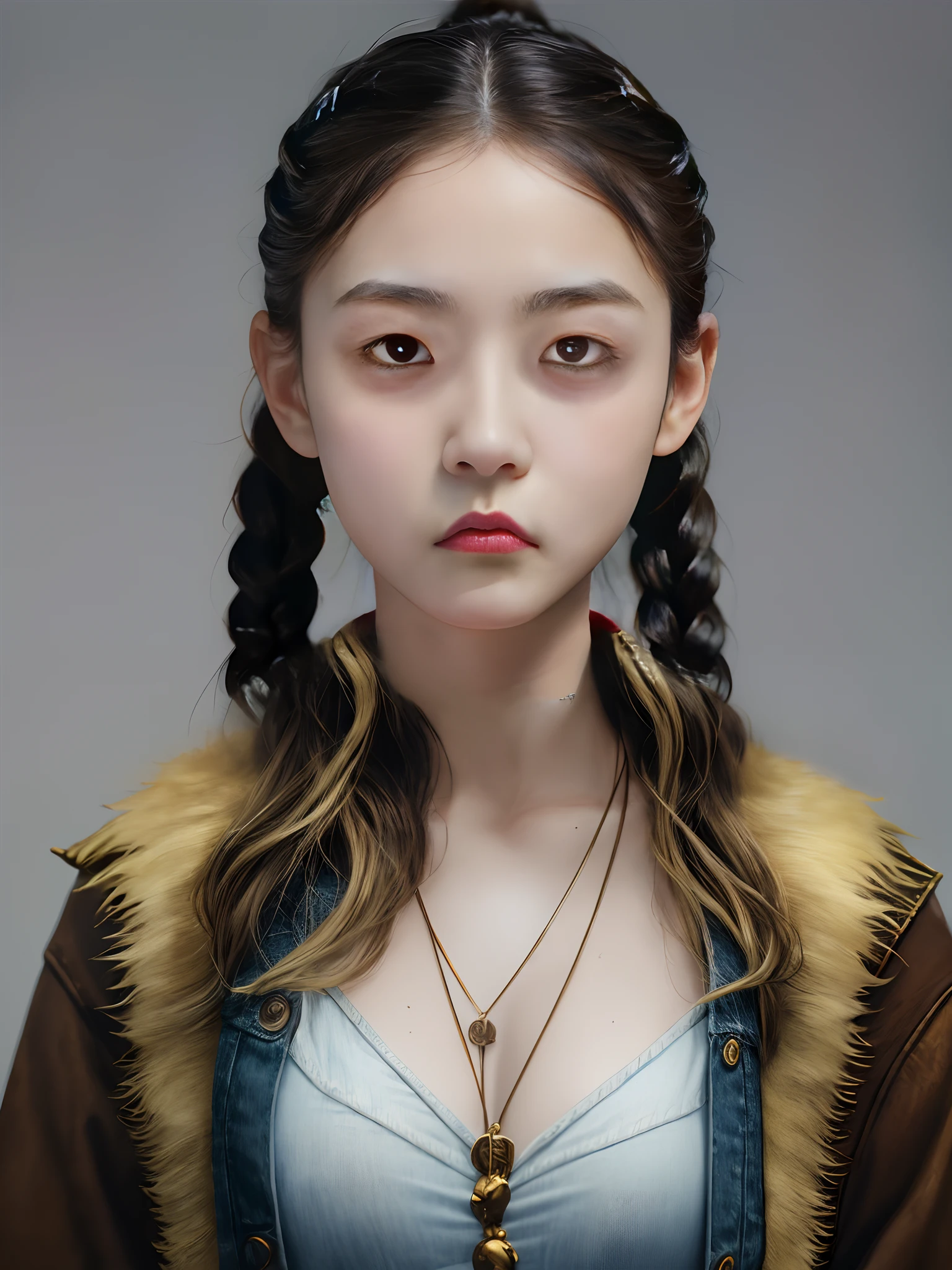 Portrait of an anthropomorphic wolf Golden mane Hair color Plump breasts Denim jacket Bohemian clothing style Serious expression Mythological fantasy style Brown Basic structure Dramatic shadows and highlights Psychological ray rendering engine Green Realistic Deviant Art Soft Realistic Depth 4k PNG Photography Award Sony Alpha a7R III f/1.8 35mm crying engine