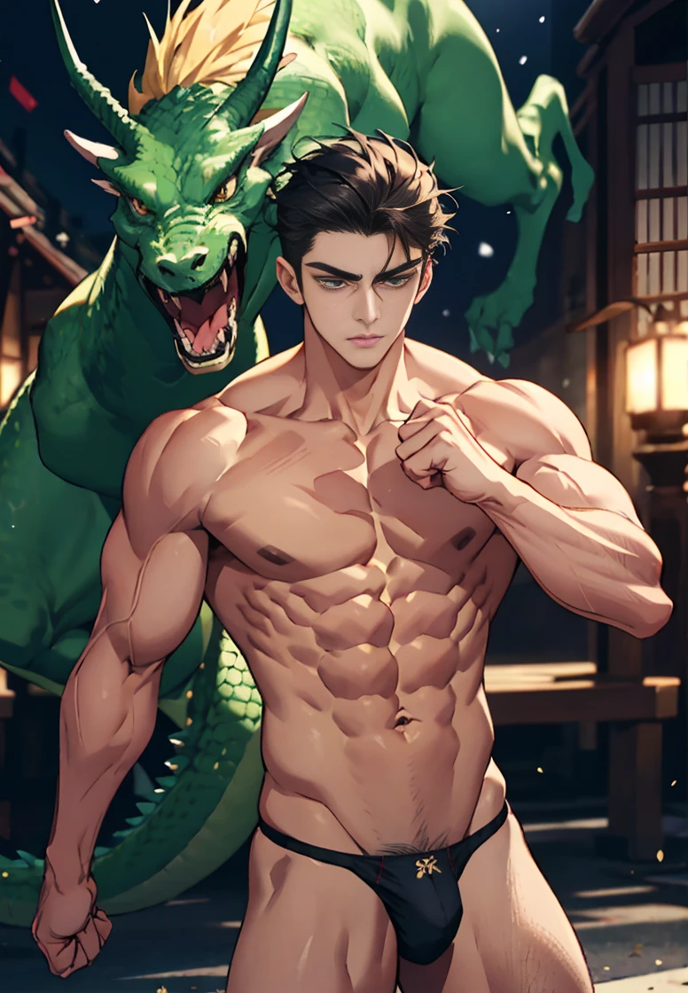 On emerald meadows,Accompanied by a green dragon,The dragon accompanies the boy,Hot age flesh, A meticulous face,Handsome face,18 year old young beautiful man,Handsome guy,Muscle Junior,Tall figure,Eight-pack abs,Broad pectoral muscles,Bare thighs,Only thongs,low waist thong,Sexy thongs,Men's tong,Clench your fists,The expression is fierce,The eyes are fierce,Launch an attack,fistfight,fights,Fight,Initiate a battle