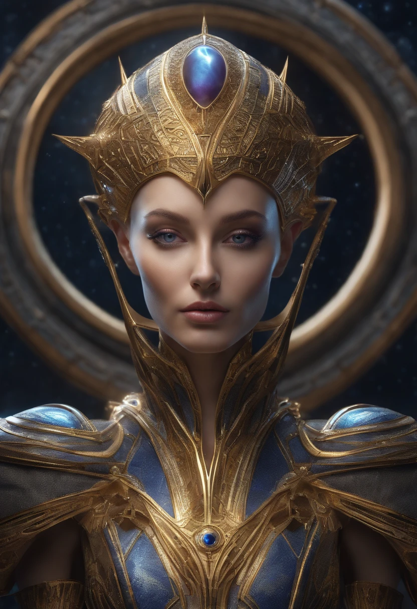 .
Eu sou alto, esguio, roupa branca com bordas cor de ouro, symbol of the Intergalactic Confederation, which is a golden circle with a 6-pointed star, Navi blue skin and golden crown with golden circle in the middle and 6-pointed star in the middle. um alto, Skinny blue alien with an elongated light head, olho, nariz grande, pequeno,Slender enters a starship wearing a realistic futuristic alien suit, a hyper-detailed alien, pink and purple and alien, alien looking, space alien Ete-Grey , Portrait of a large alien pupil Almond Alien Exotic alien of a humanoid alien, An alien, alien portrait, Hybrid alien Long-headed affectionate alien, futuristic alien features. ( Detalhes borrados do navio futurista)