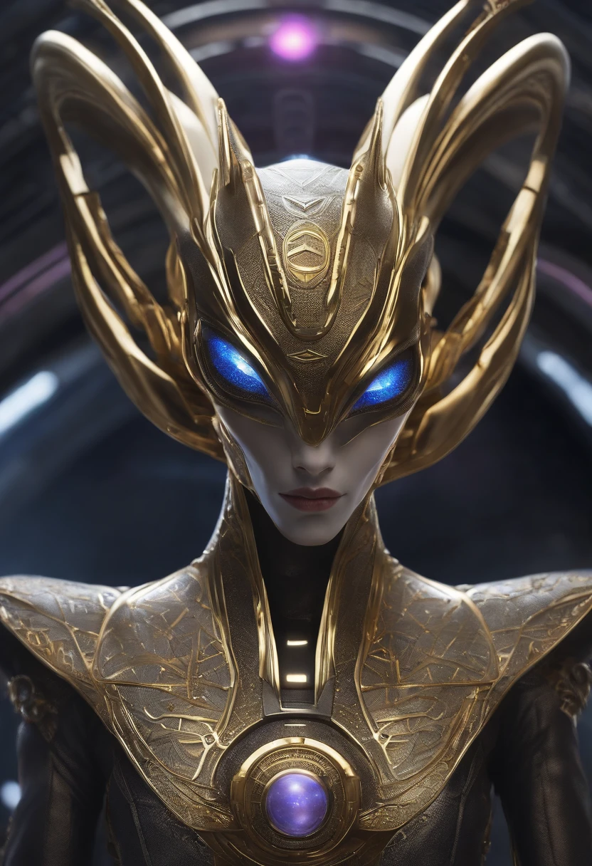 .

Eu sou alto, esguio, roupa branca com bordas cor de ouro, symbol of the Intergalactic Confederation, which is a golden circle with a 6-pointed star, Navi blue skin and golden crown with golden circle in the middle and 6-pointed star in the middle. um alto, Skinny blue alien with an elongated light head, olho, nariz grande, pequeno,Slender enters a starship wearing a realistic futuristic alien suit, a hyper-detailed alien, pink and purple and alien, alien looking, space alien Ete-Grey , Portrait of a large alien pupil Almond Alien Exotic alien of a humanoid alien, An alien, alien portrait, Hybrid alien Long-headed affectionate alien, futuristic alien features. ( Detalhes borrados do navio futurista)