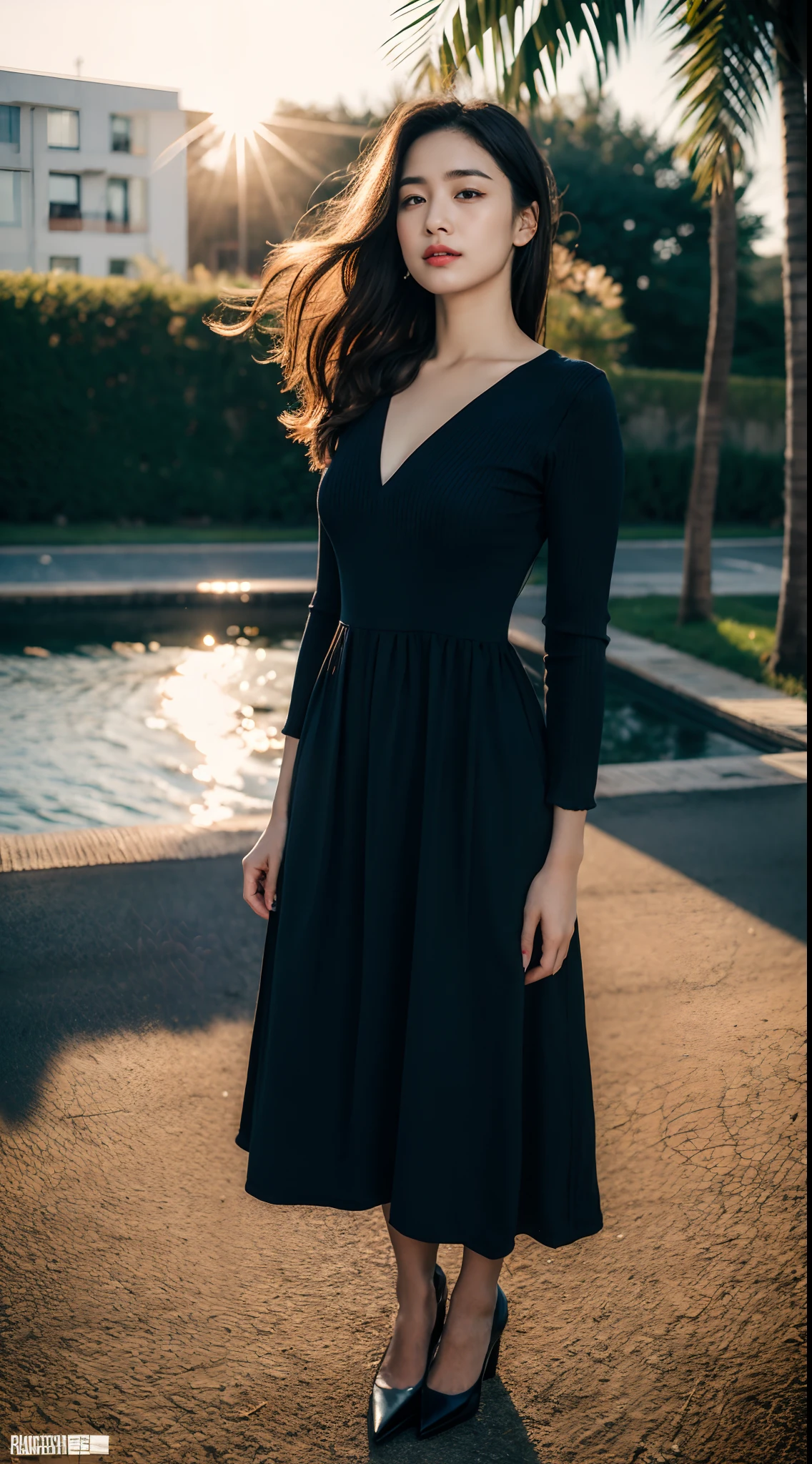 (RAW photo:1.2), (Photorealistic:1.4),Beautiful detailed woman,very detailed eyes and faces, A detailed eye, ultra - detailed,A high resolution, The is very detailed,best qualtiy,illustratio,unified,8k 壁纸,tmasterpiece,best qualtiy,1girll,Stand in the sun,Look up like the sun,The sun hits the face,Contre-Jour,beachside,Long-sleeved dress,exteriors,耳Nipple Ring,jewely,high-heels,looking at viewert,Black color hair,full bodyesbian,standing on your feet,Printed dress,longer sleeves,long whitr hair,nigth,with brown eye,bblurry