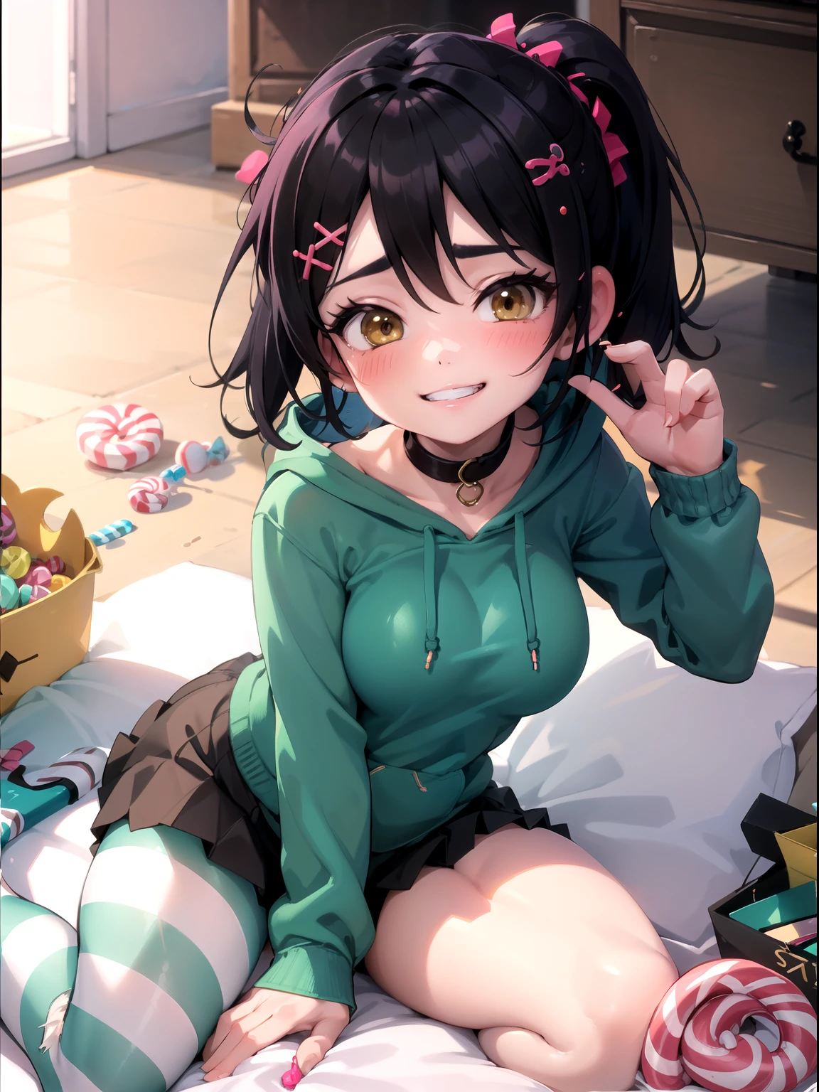 xyzvanellope, 1girl, beautiful, short, candy, solo, hair ornament, bow, striped, (**li),green hoodie, grin, green, striped pantyhose,breasts, sitting