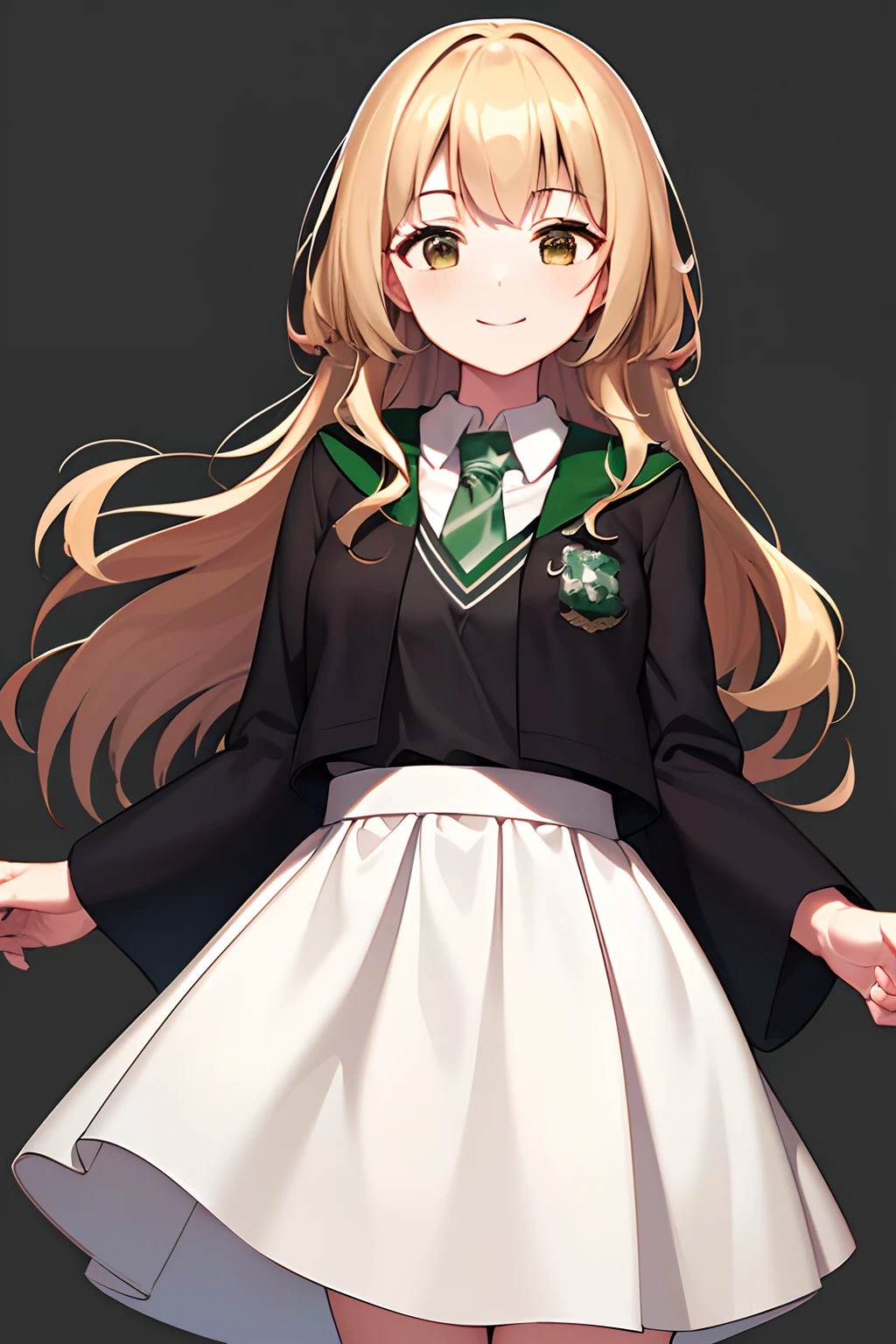 (highres, best quality:1.2), radiance, soft contours, cowboy shot, 1girl, beautiful girl, simple background, Hogwarts uniform, hogsks, slytherin, curly brown hair, brown eyes, smile, school dress, long skirt, green tie,