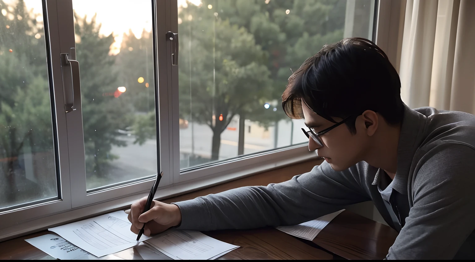 Man with glasses, Marking the exam papers in the room, Comfortable work desk, Outside, it was already dark at this time, and the big window was large, (It was dark,There is a small road outside at night), There are trees on both sides of the road