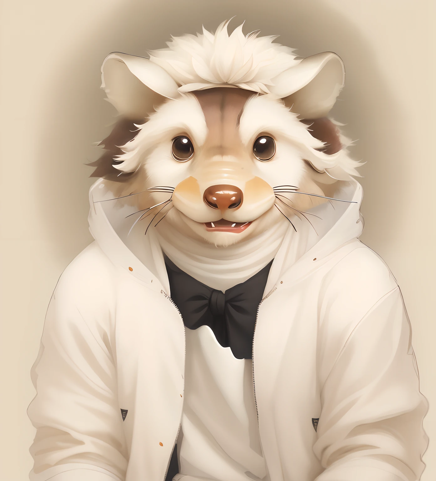 Painting by Jean-Baptiste Monge depicting the honey beetle animal, Rough White With Black Six, Cheerful look, Dressed in chef's clothes, in apron, On his head is a Povoro cap, A skewer with meat in his hands, Standing on the forge, , jean - baptiste monge, anthropomorphic --ar 2:3 --testp -optimistic;