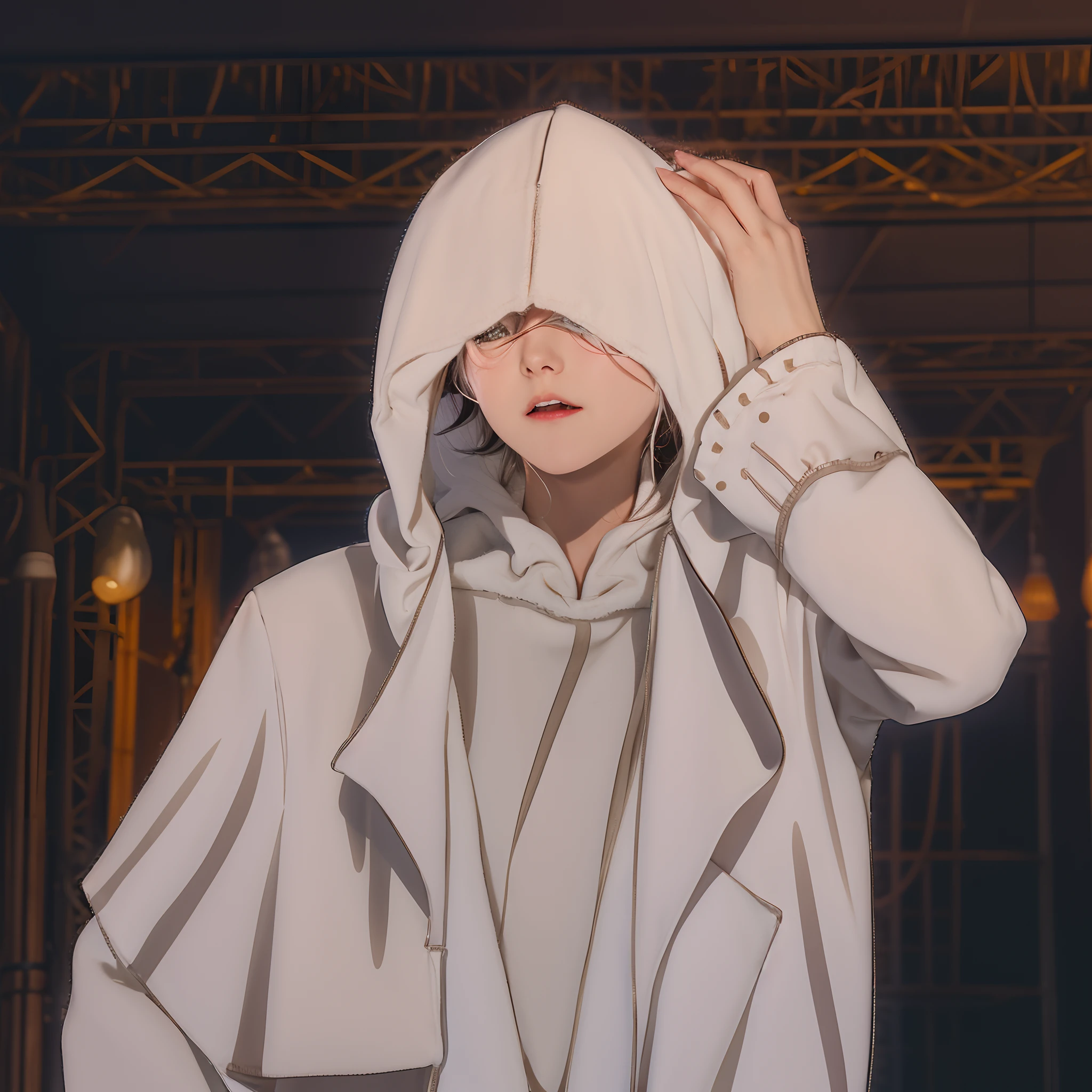 Anime characters in white hoodies stand in front of the stage, wearing a hood with pointy ears, wearing a hoody, wearing a hooded cloak, Wearing a hoodie, Wearing a hood, In the anime, as an anime character, in the anime film, Wearing a flowing cloak, Wearing a shabby white cloak, clothed in hooded, Wearing a cloak