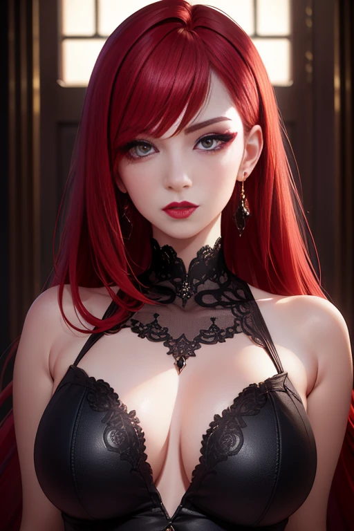 photograph, Professional Full Body, (detailed faces and eyes:1.4), women's pictures, makeup, earrings, Red dark lipstick, Parted lips, Sharp Focus, Insanely sharp details, Extremely detailed, 4K HQ, 8K, depth of fields, F/1.2, Leica, 8K HDR, High contrast, Advanced retouching, shadowy, Bokeh, awardwinning photo, Best Photographers、red hairs