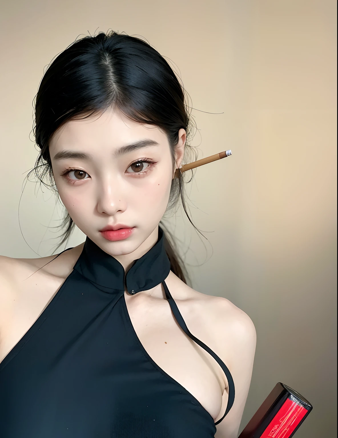 There's a woman with a cigarette in her hand and a cigarette in her mouth, coreana, Mulher sul-coreana bonita, Beautiful Asian girl, linda mulher coreana jovem, maquiagem sul-coreana popular, asian features, mulher coreana jovem bonita, Ulzzang, Mulher coreana, Deusa japonesa, gorgeous chinese model, young adorable korean face, maquiagem coreana popular, Asian face, japanese model