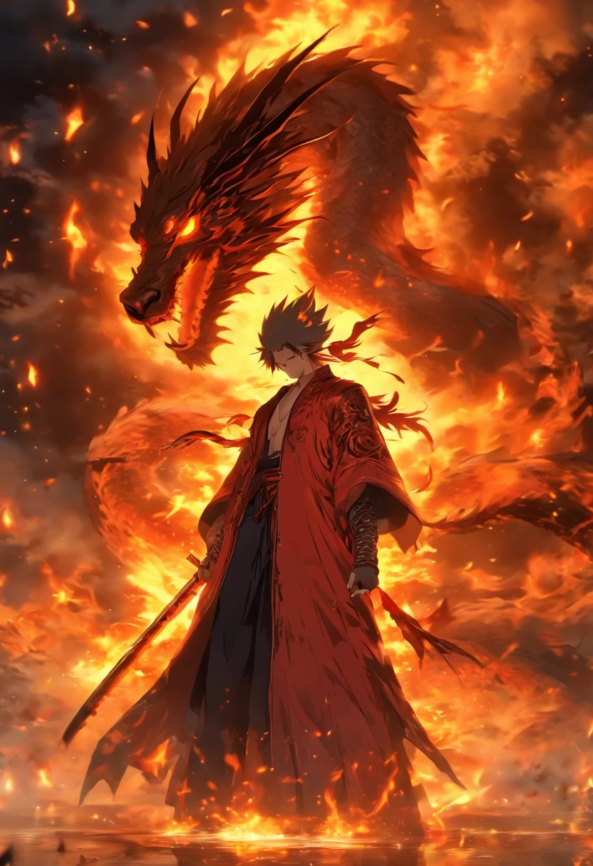 (Masterpiece), (best qualtiy), Cinematic quality，rendering by octane，Ultra-detailed details，1 man，Face of a young man，Detailed portrayal of the face，Perfect facial features, (shinigami),(breathingfire:1.5)， gazing, watch audience, A cloak that covers the whole body, (Robe), (Armed with a death scythe:1.2),  In hell, nipple tassels, Fire，（Behind him was a giant flaming dragon：1.5）