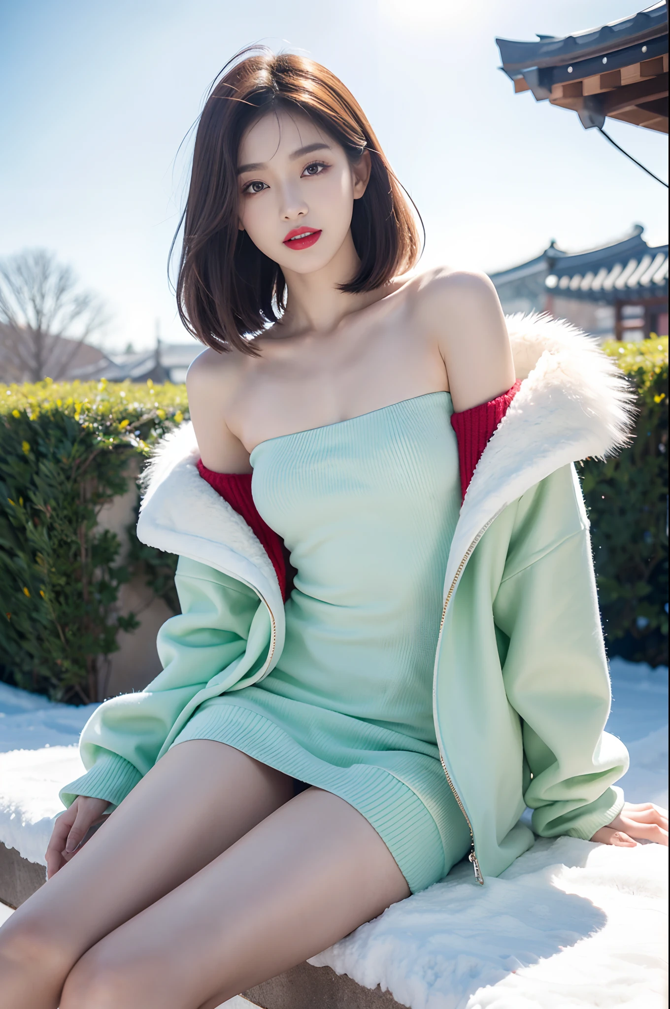 best quality, 4k, 8k, Detailed faces, clear face, a pretty girl, Korean makeup, Red lips,laugh, perfect body,shoulder length straight bob hair,small breasts,thigh,slim,thin, The girl wears a long and wide mint fur coat, Underneath the jacket was sweater dress, lower abdomen, Snowscape, winter, garden,