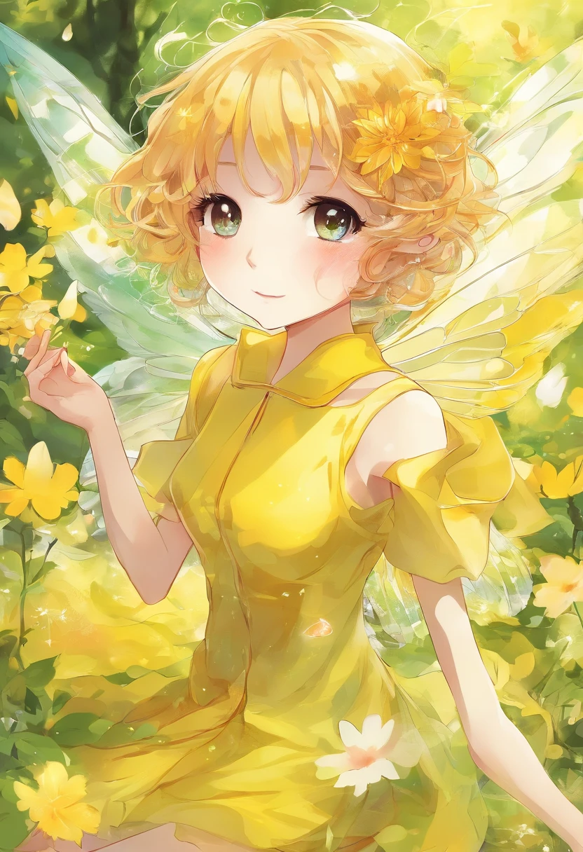little fairys,The transparent wings of the little fairy,Flying,Yellow dress,,Full body like,Meadow woods,(refractions,Reflection:1.3),Scratch the surface