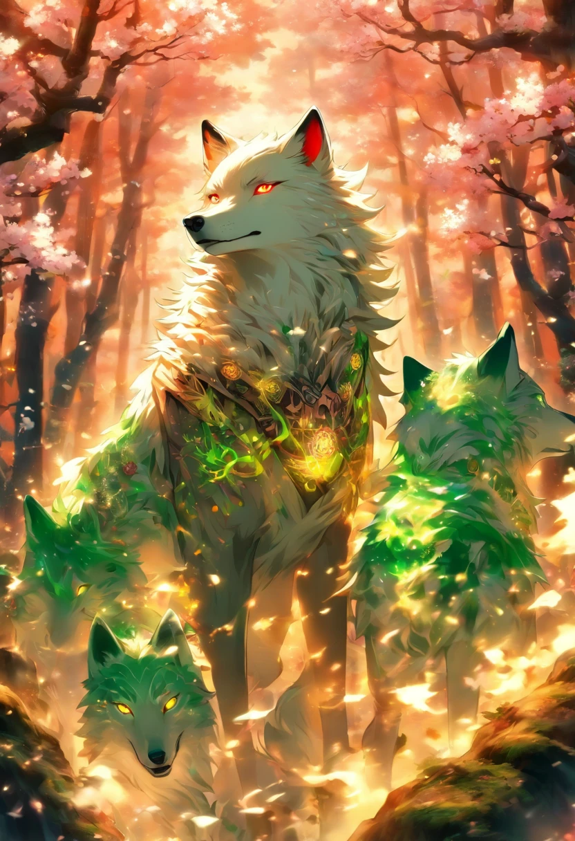 The most beautiful and enchanted wolf spirit, white hair, glowing green eyes, tons of tattoos and piercings, in the most beautiful enchanted forest, graffiti and kanji elements in the background, cherry blossoms blowing in the wind, highly detailed, perfect masterpiece, high quality, high resolution