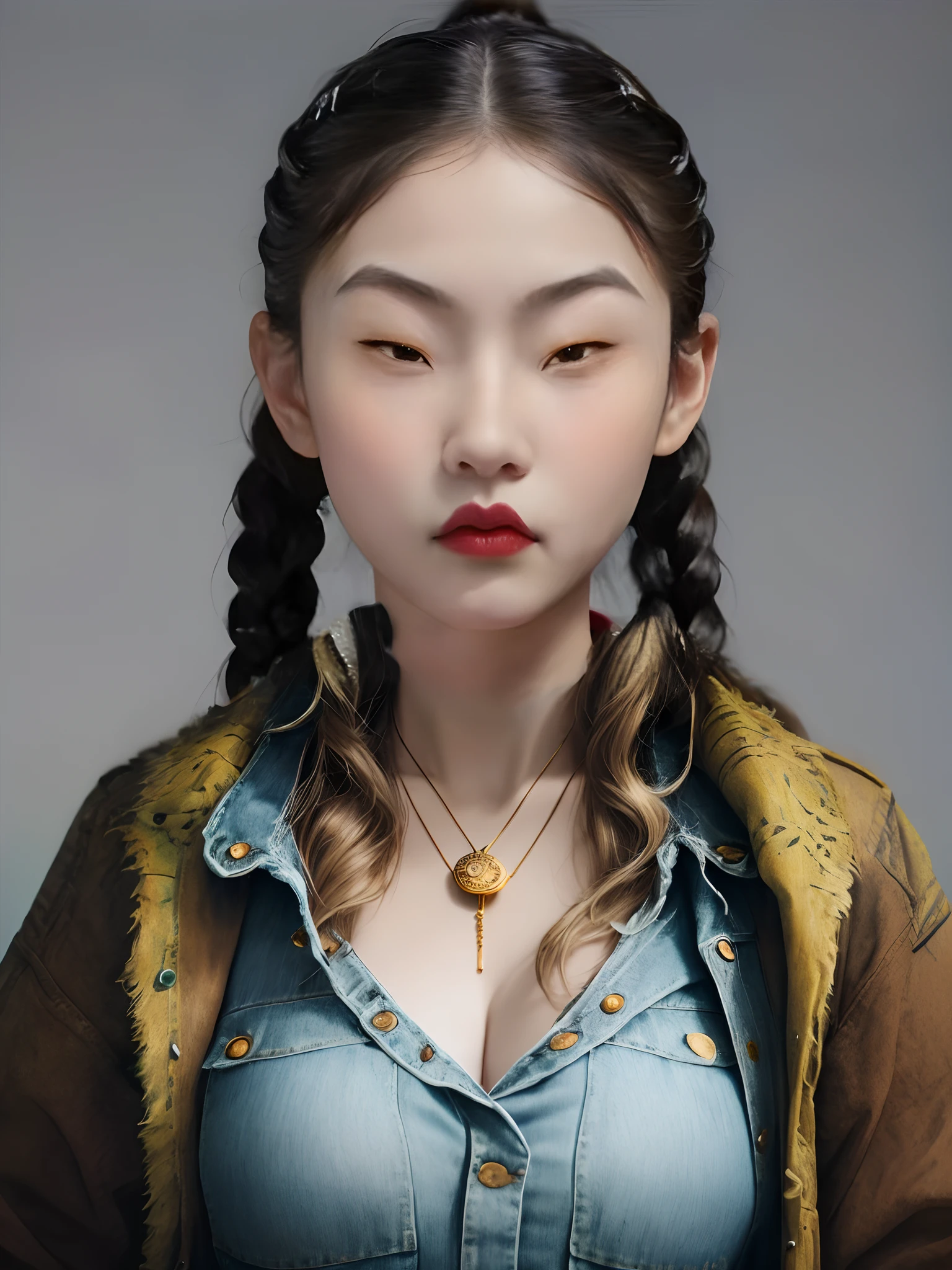 Portrait of an anthropomorphic wolf Golden mane Hair color Plump breasts Denim jacket Bohemian clothing style Serious expression Mythological fantasy style Brown Basic structure Dramatic shadows and highlights Psychological ray rendering engine Green Realistic Deviant Art Soft Realistic Depth 4k PNG Photography Award Sony Alpha a7R III f/1.8 35mm crying engine