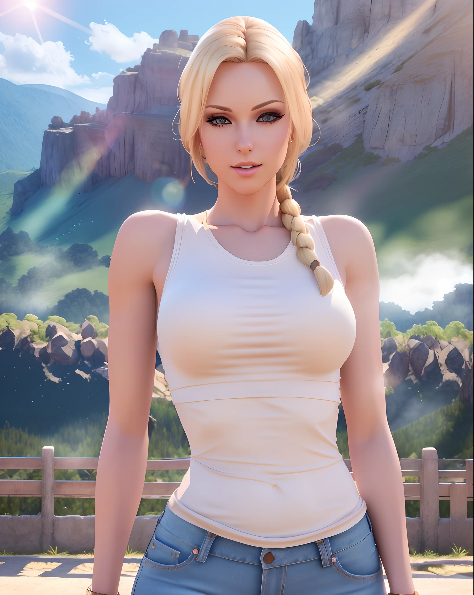 ultrarealistic, (1 girl), fully body pose, very muscular Avril Lavigne has wolf ears and a short wolf snout and wolf tail as she is standing standing alone near a lake in a beautiful morning (dressed in a white shirt and a red and black leather miniskirt:1.3) (standing alone:1.3), (F cup breasts:1.2) and muscular legs and (round buttocks:1.2), rippling muscles, (bodybuilder physique:1.3), face perfect, Uberfit, muscular, 8k hd, dslr, clear lighting, high qualiy, ultra wide photo, Film grain, Fujifilm XT3