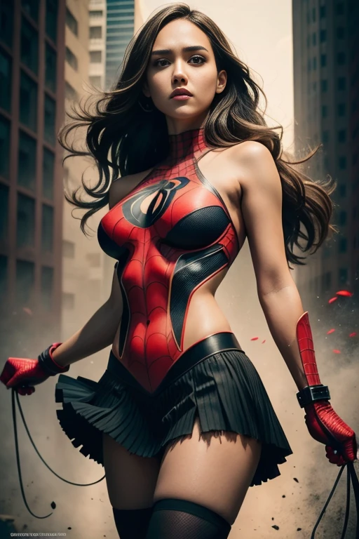 Jessica Alba、Sticking out the navel、newyork、She wears a torn Spider-Man suit,wearing skirt、 Red and black color scheme,Dynamic、masterpiece、top-quality、ultra-detailliert、ighly detailed、beautiful detailed brilliance、超A high resolution