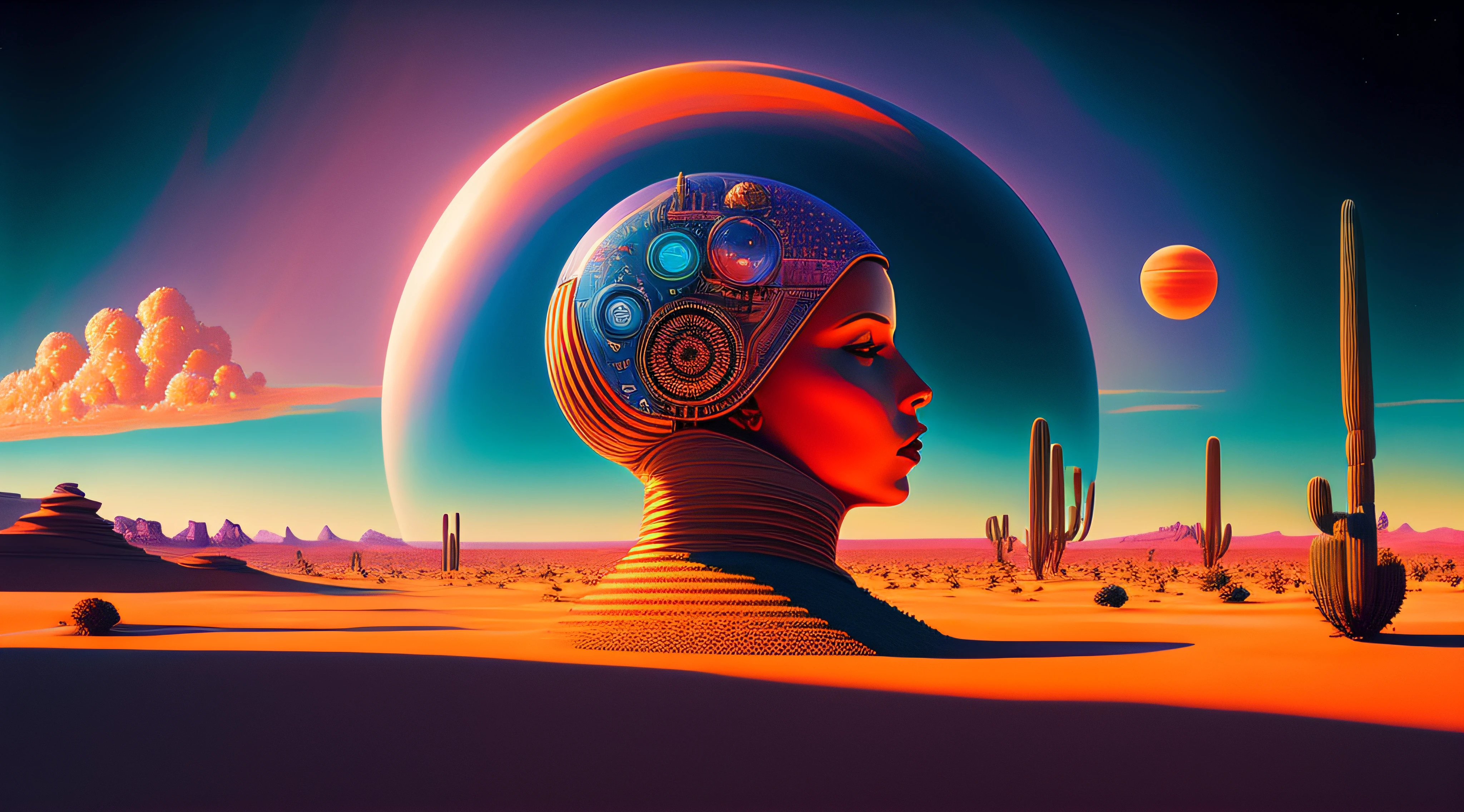 There's a woman with her head in the middle of a desert, symmetrical portrait scifi, futuristic, mystical, ethereal, inspired by Core World, Tomorrowland, Festival, Beeple e Jean Giraud, Realismo | Bipe, Obra-prima de Beeple, Bipe. hiper-Realismoo, beeple daily art, Beeple e Tim Hildebrandt, arte do Bipe, Hybrid style beep blend, psychedelic surreal art