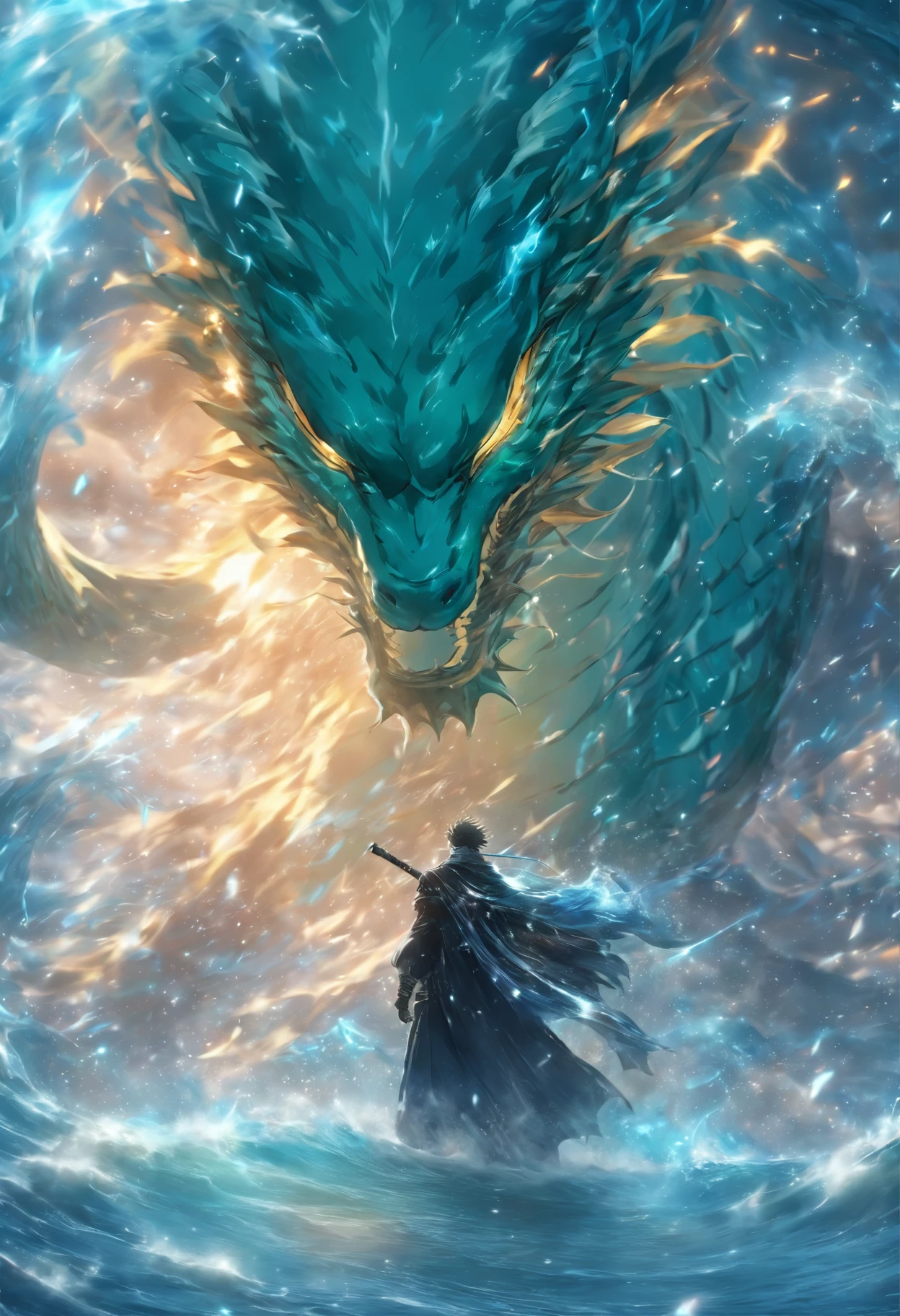 (Masterpiece), (best qualtiy), Cinematic quality，rendering by octane，Ultra-detailed details，1 man，Face of a young man，Detailed portrayal of the face，Perfect facial features,(wave:1.5)，Eau，spatter，erupting，Ice crystals，Particle，fluids， gazing, watch audience, A cloak that covers the whole body,  (Armed with a death scythe:1.2), （Behind him was a huge water dragon：1.5）