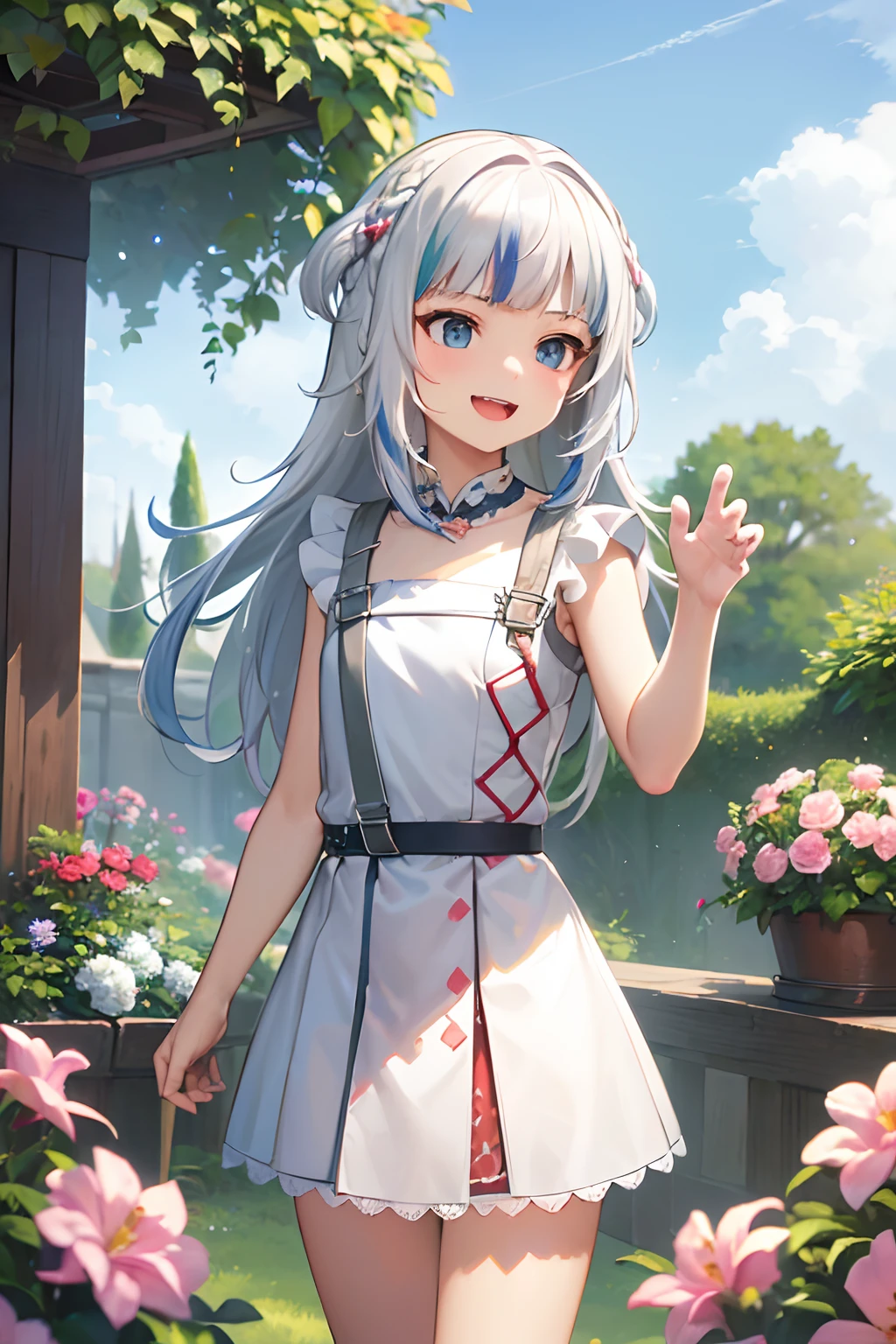 ((Gawr gura)), ((Masterpiece)), (High Definition:1.3), (Professional Photography:1.2), (flat body), flat chest, (silky long hair:detailed hair), spiky hair,(platinum hair),(detailed eyes),(white clothes),garden, pink flowers, white birds, (laughing face), cute pose