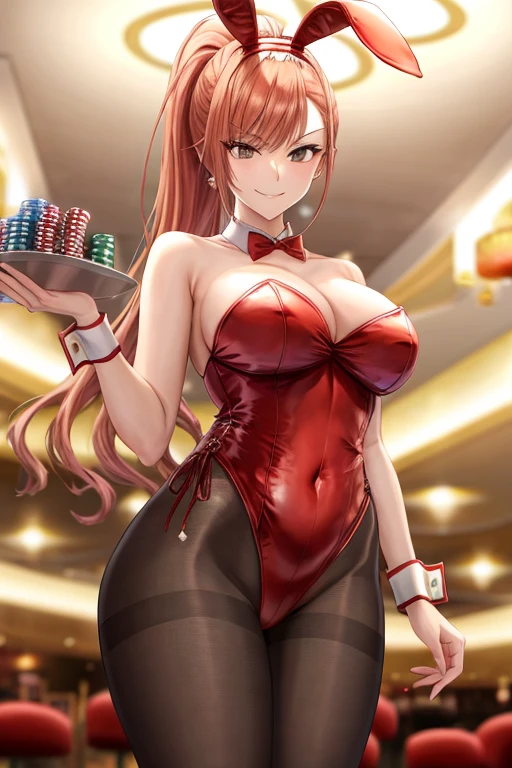masutepiece, Best Quality, Arisugawa Natsusha, 1girl in, Solo, (holding tray), Standing, casino table, Smile, Bangs, breasts, thighs thighs thighs thighs, Casino, Indoors, Smirk, smug, Long hair, Orange hair, Looking at Viewer, Ponytail, Fake animal ears, Playboy Bunny, Red Leotard, Strapless, Wrist cuffs, red bowtie, pantyhose, fish net, Closed mouth,