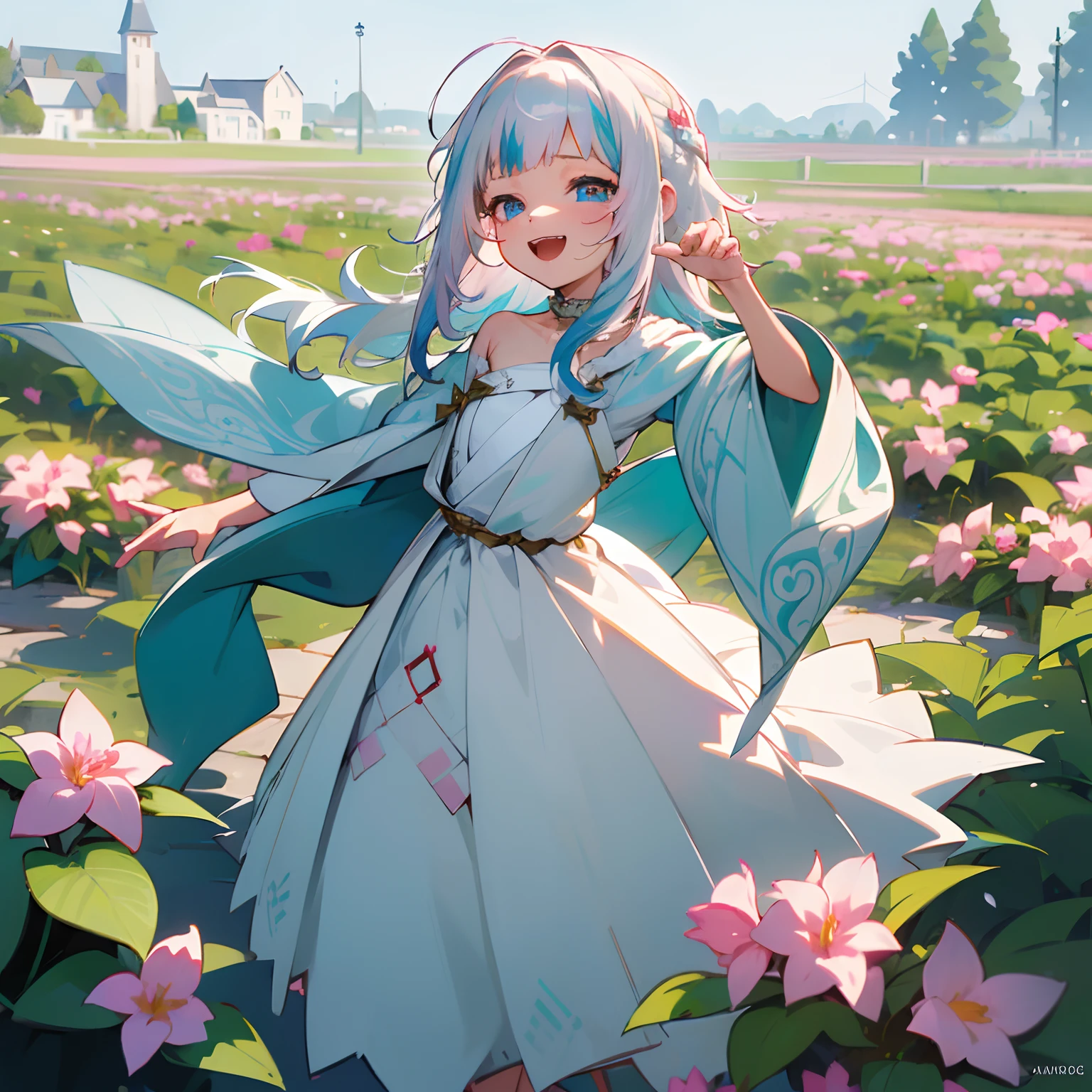 ((Gawr gura)), ((Masterpiece)), (High Definition:1.3), (Professional Photography:1.2), (flat body), flat chest, (silky long hair:detailed hair), spiky hair,(platinum hair),(detailed eyes),(white clothes),garden, pink flowers, white birds, (laughing face), cute pose