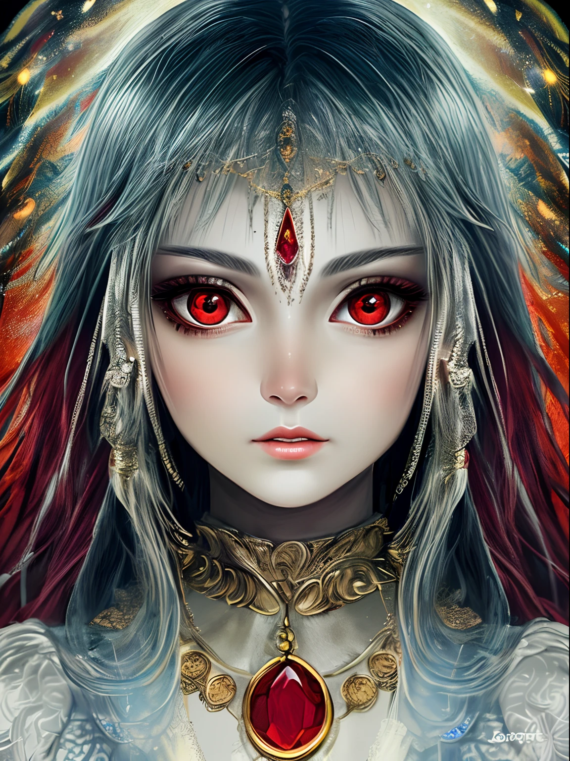 (Best Quality, hight resolution:1.2), Ultra-detailed, Mystical, Ethereal Atmosphere, Beautiful detailed eyes, Detailed lips, Front-facing portrait, nostalgic ambiance, ruby, fortune teller, masutepiece, Shrinkage rate，Red eyes