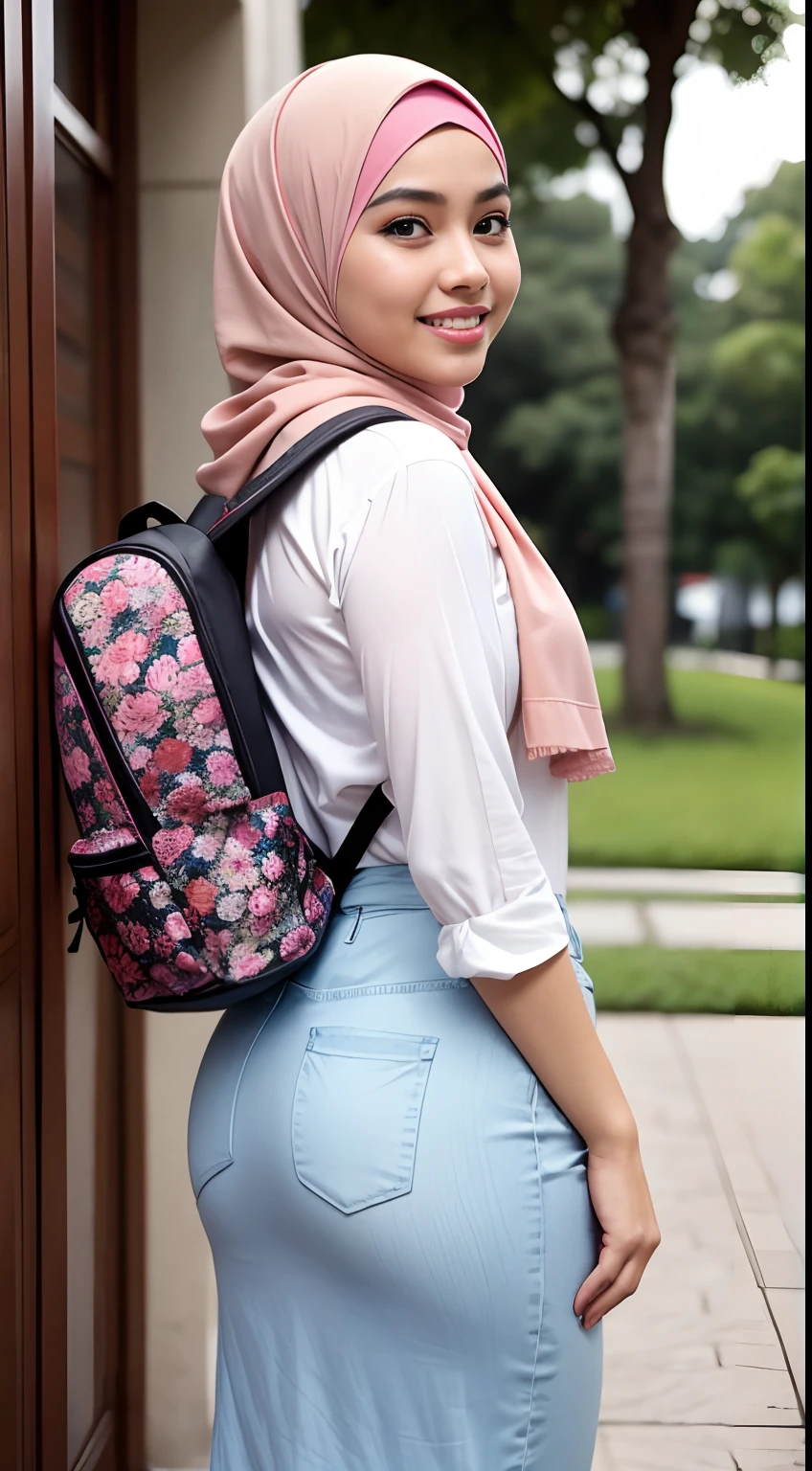 RAW, Best quality, high resolution, Masterpiece: 1.3), Beautiful Malay woman in hijab (iu:0.8),Best quality, high resolution, Masterpiece: 1.3, Beautiful Malay girl in hijab, Masterpiece, Soft smile,high resolution, 4k, HDR, 1 girl, photorealistic, realistic, smiling at the viewer, close-up, Malay girl in a small floral-patterned Malaysian baju kuning hijab on campus, wearing a backpack, back view, skin detail, skin texture detail, mole under the eye, big hips, waist big, big round buttocks, big thighs, slim belly, beautiful body, evening, smiling, happy, bright lighting, student background, busy campus, blurry background, bokeh,