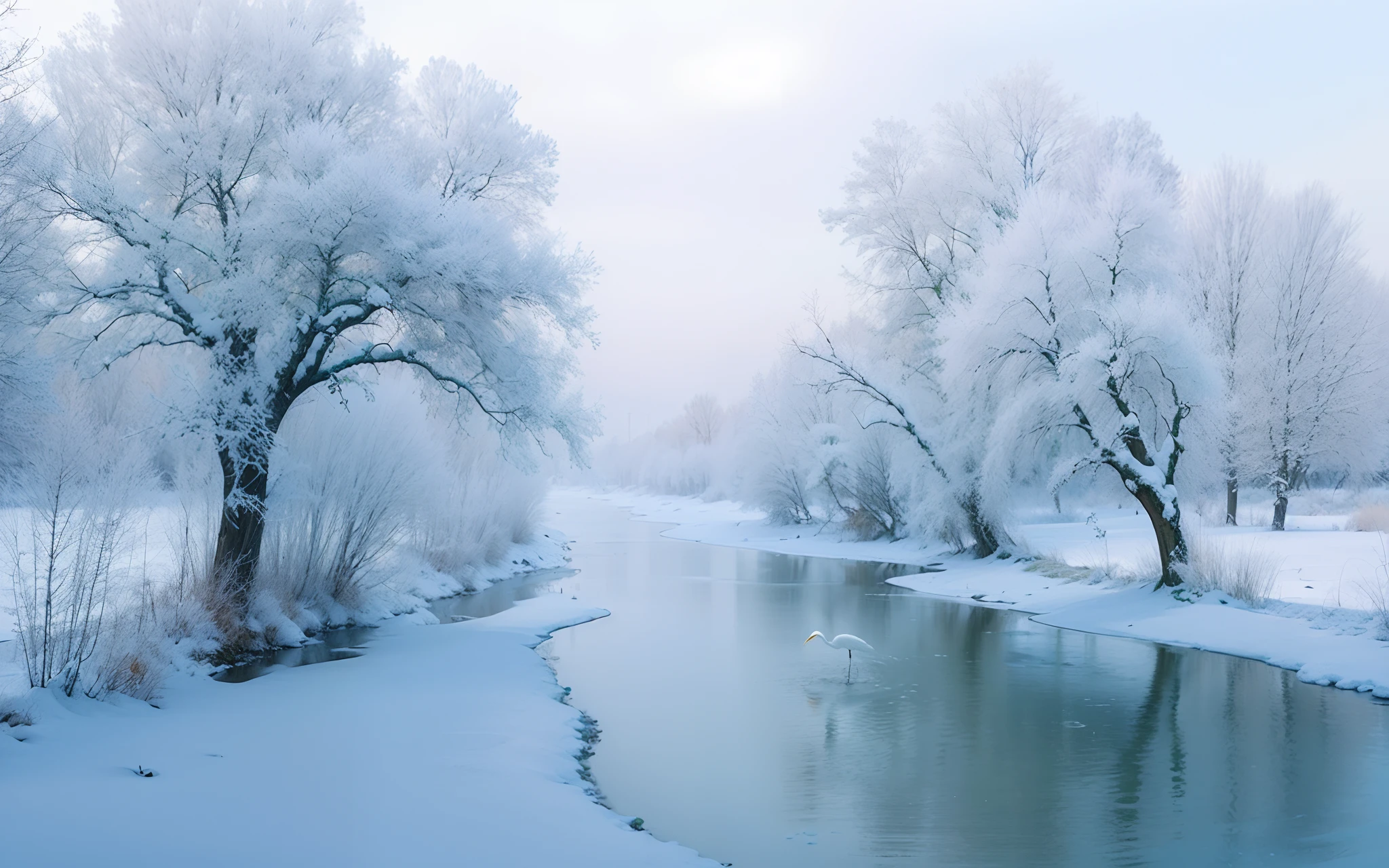 Highest quality,The perfect masterpiece,Perfect artwork,official works,8K,Songhua River rime,beautiful snowy landscape,There is an egret in the lake