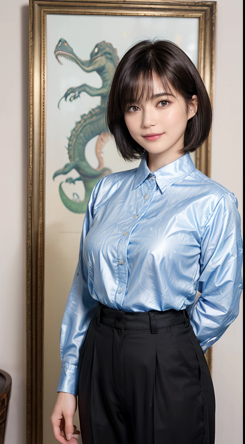 89
(a 20 yo woman,is standing), (A hyper-realistic), (masutepiece), ((short-hair:1.46)), (Smooth black hair), (Breast:1.0), (kindly smile), wear long pants, (Wearing a dinosaur print long-sleeved shirt), (Beautiful skin:1.5), (painterly、picture frame)