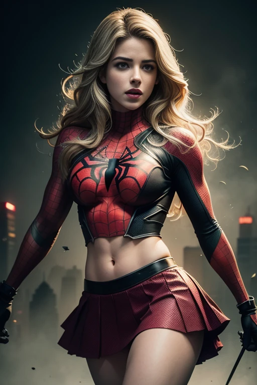 Dianna Agron、Sticking out the navel、newyork、She wears a torn Spider-Man suit,wearing skirt、 Red and black color scheme,Dynamic、​masterpiece、top-quality、ultra-detailliert、ighly detailed、beautiful detailed brilliance、超A high resolution