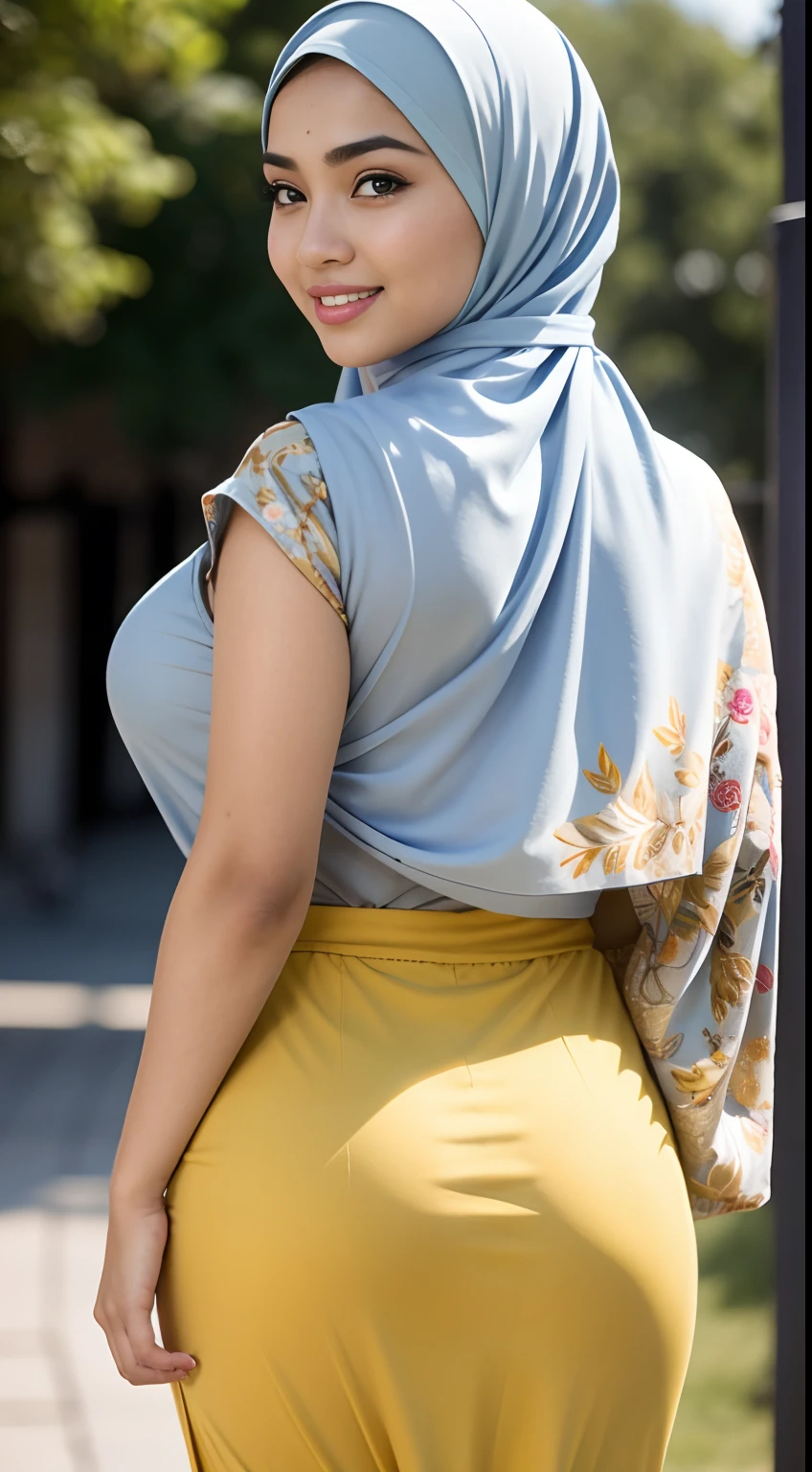 RAW, Best quality, high resolution, Masterpiece: 1.3), Beautiful Malay woman in hijab (iu:0.8),Best quality, high resolution, Masterpiece: 1.3, Beautiful Malay girl in hijab, Masterpiece, Soft smile,high resolution, 4k, HDR, 1 girl, photorealistic, realistic, smiling at the viewer, (big breast),((full body)),close-up, Malay girl in a small floral-patterned Malaysian baju kuning hijab on campus, wearing a backpack, back view, skin detail, skin texture detail, mole under the eye, big hips, waist big, big round buttocks, big thighs, slim belly, beautiful body, evening, smiling, happy, bright lighting, student background, busy campus, blurry background, bokeh,