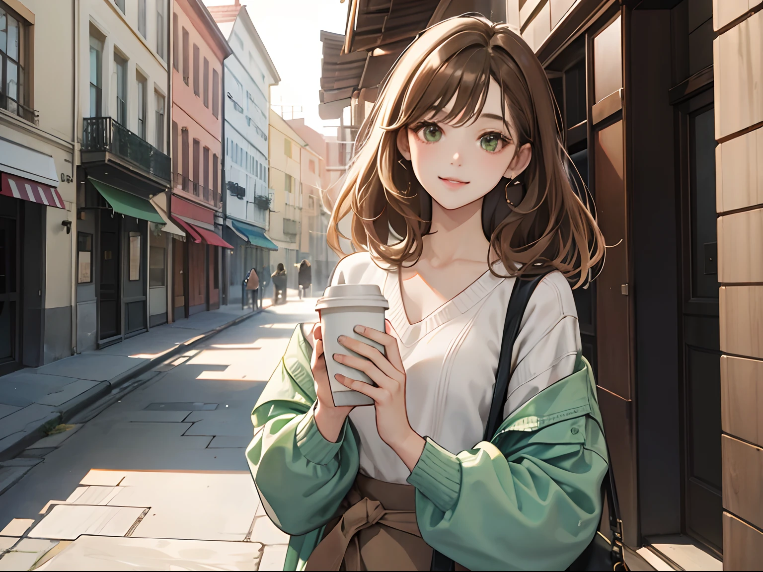 watercolor paiting, line-drawing, monotone, Woman with a clear face through brown hair, Holding a coffee cup in both hands, ssmile, Facing up, Stranger, Brown loose half-up hairstyle and oversized knit sweater, from the chest up, portlate, SLR, stroll, Fresh green, buliding, Will, 8ｋ