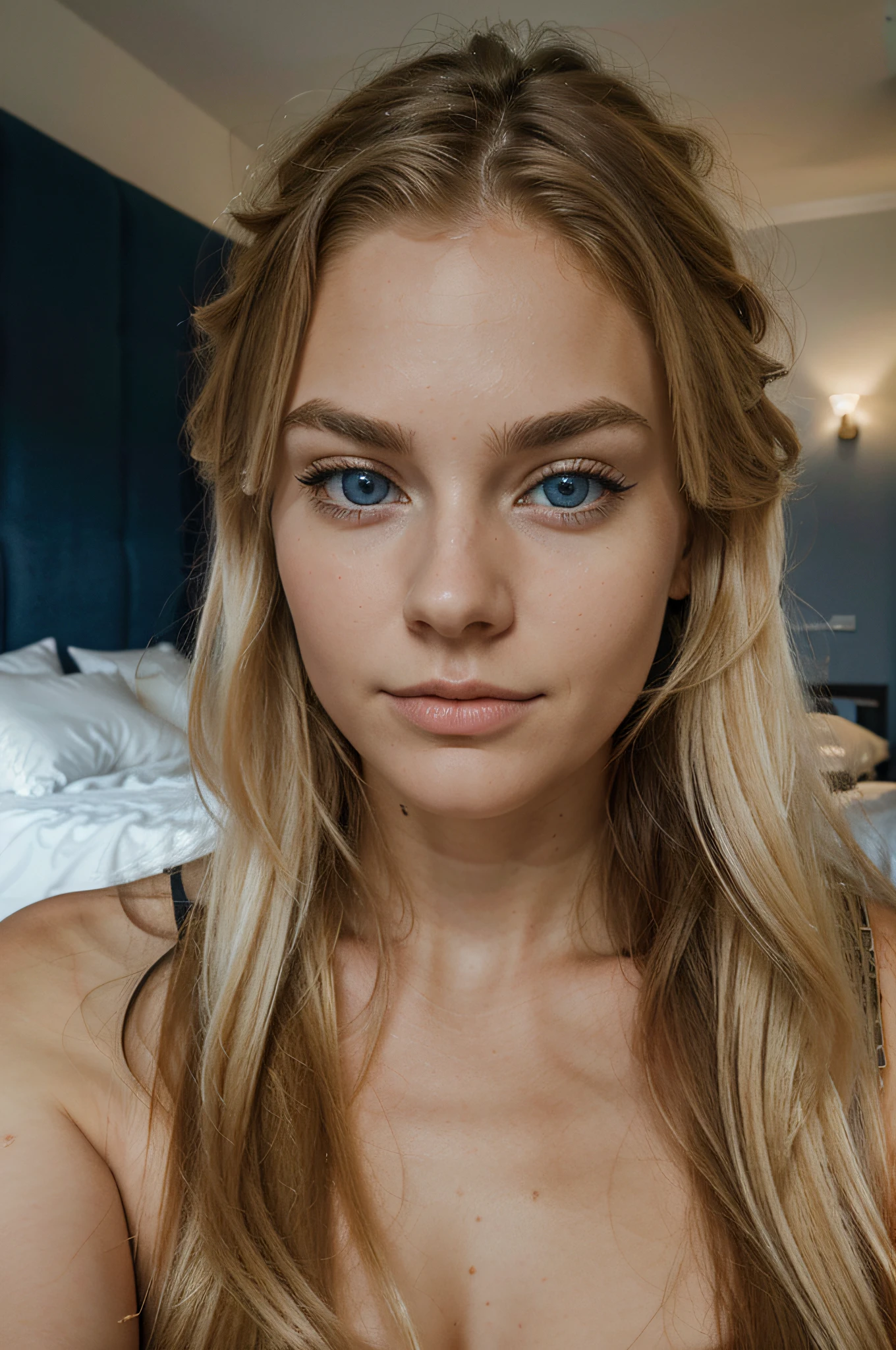 Nordic woman, young woman, very atractive woman, hiperrealistic portrait, looking straigth to the camera, deep blue eyes, long hair,  blonde hair, perfect eyebrows, in bedroom