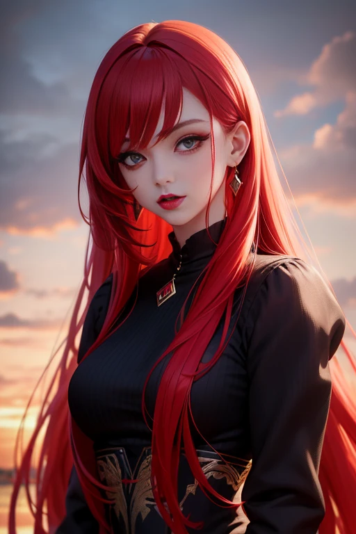 A beautiful girl with long hair in shades of red, pink, white and black, with bangs, wearing tragus piercings and one lobe and one hilux earring, eyes with a good mood, red sexy lips, wearing a short t-shirt and short pants, left hand with a diamond bracelet, right hand with one diamond ring,(best quality,4k,8k,highres,masterpiece:1.2),ultra-detailed,(realistic,photorealistic,photo-realistic:1.37),portrait,fashion,intricate details,vibrant colors,dramatic lighting
