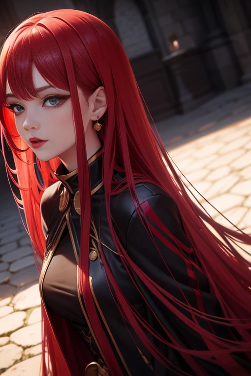photograph, Professional Full Body, (detailed faces and eyes:1.4), women's pictures, makeup, earrings, Dark lipstick, Parted lips, Sharp Focus, Insanely sharp details, Extremely detailed, 4K HQ, 8K, depth of fields, F/1.2, Leica, 8K HDR, High contrast, Advanced retouching, shadowy, Bokeh, awardwinning photo, Best Photographers、Woman with straight long hair and red lipstick, ekaterina, 30 year old female,Red-haired、Medieval red color dress、