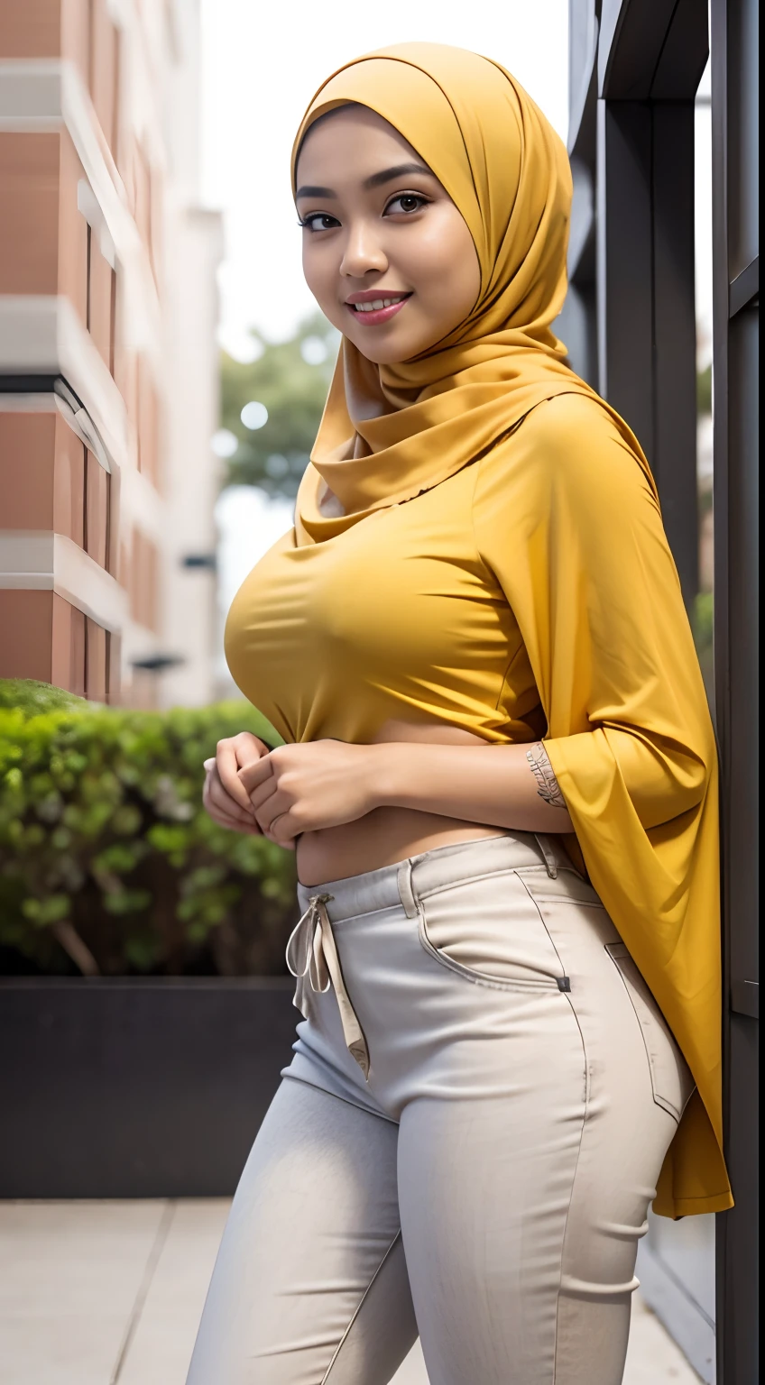 RAW, Best quality, high resolution, Masterpiece: 1.3), Beautiful Malay woman in hijab (iu:0.8),Best quality, high resolution, Masterpiece: 1.3, Beautiful Malay girl in hijab, Masterpiece, Soft smile,high resolution, 4k, HDR, 1 girl, photorealistic, realistic, smiling at the viewer, (big breast),((full body)),close-up, Malay girl in a small floral-patterned Malaysian baju kuning hijab on campus, wearing a backpack, back view, skin detail, skin texture detail, mole under the eye, big hips, waist big, big round buttocks, big thighs, slim belly, beautiful body, evening, smiling, happy, bright lighting, student background, busy campus, blurry background, bokeh,