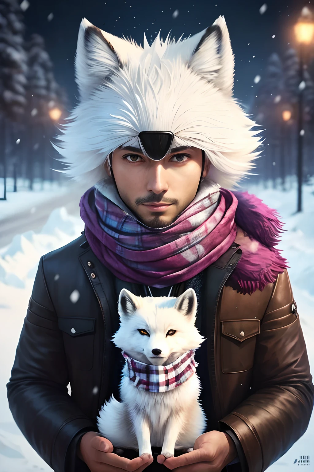 Style-NebMagic, portrait of Ismail Inceoglu, Gazelli, James jean, Anton Fadeev and Yoshitaka Amano, a fluffy cute Arctic fox wearing a Style-SylvaMagic scarf in the snow, very detailed, 8k resolution, digital art, trending on artstation, Vibrant Colours, Chibi style, masterpiece, adorable friendly lovely